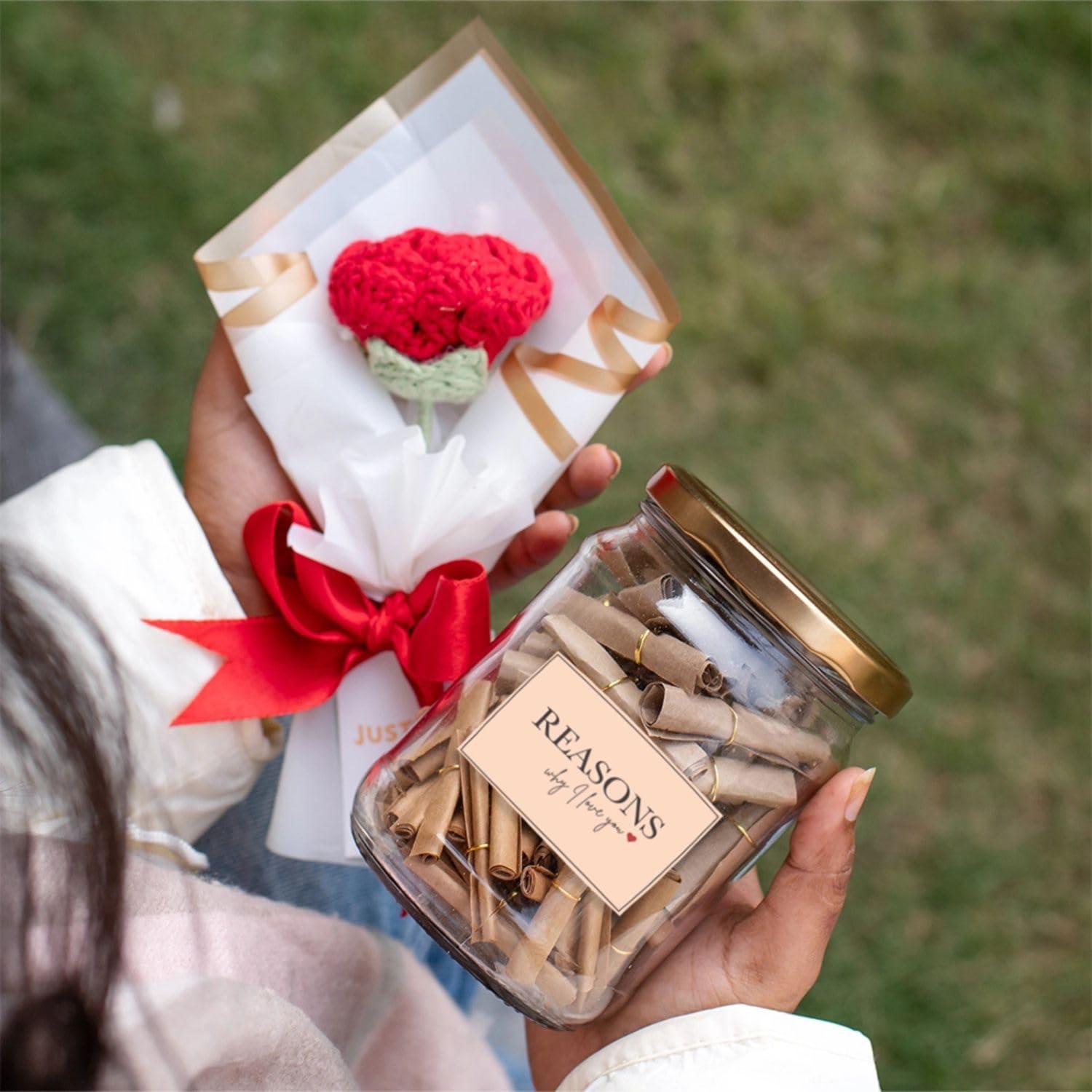 Valentine's Day Gift Hamper | Pack of 2 Items: 52 Reason why i Love You Message jar, Red Rose Crochet Bouquet| Valentine's Gift for Girlfriend Boyfriend Couple-image-22