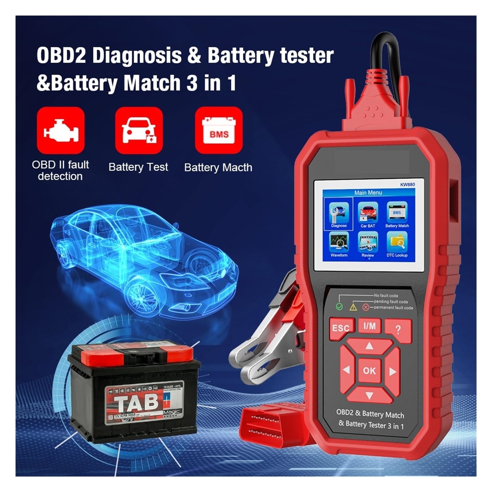 Tester baterii, KW880 Tester akumulatora samochodowego Analizator samochodowy Narzędzie diagnostyczne Dopasowanie Skaner