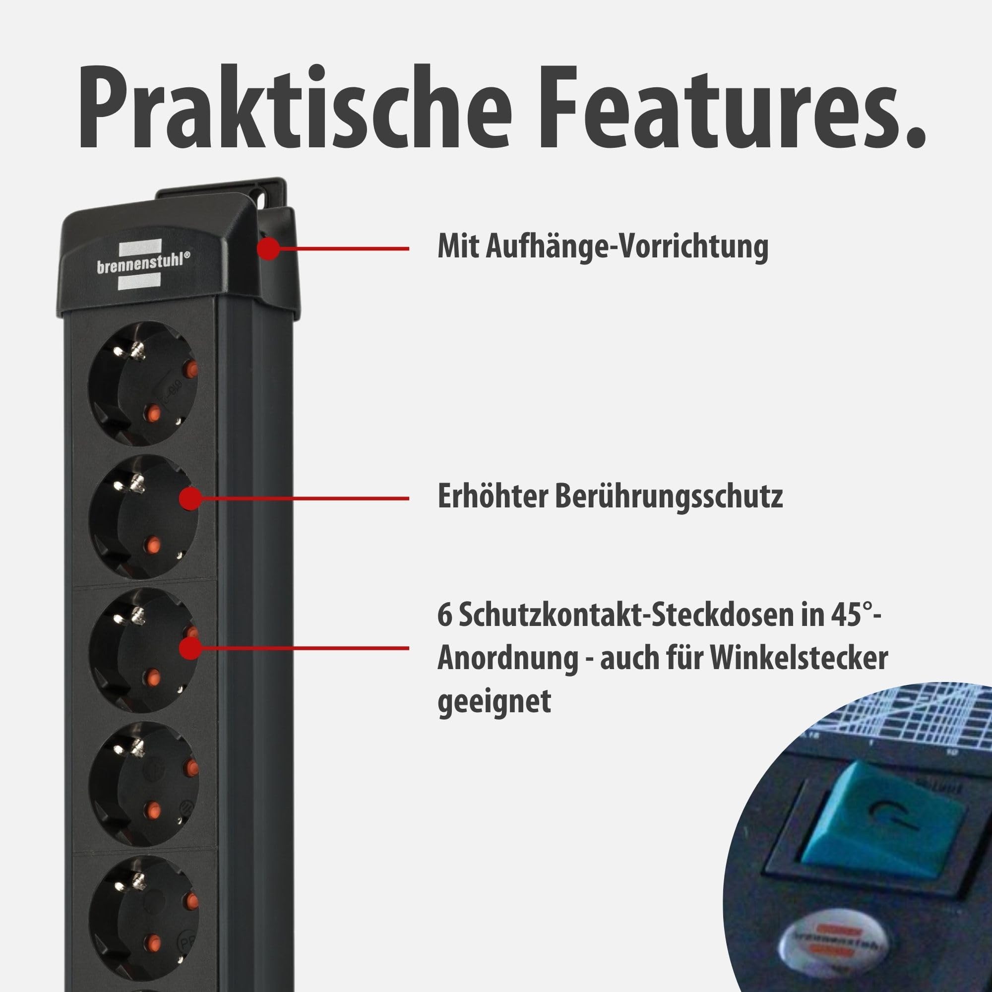 Brennenstuhl Premium-Line Steckdosenleiste 6-Fach mit Überspannungsschutz | Bis zu 60.000A, Mehrfachsteckdose mit Schalter und 3m Kabel, Steckdosenleiste Wandmontage, Made in Germany, schwarz