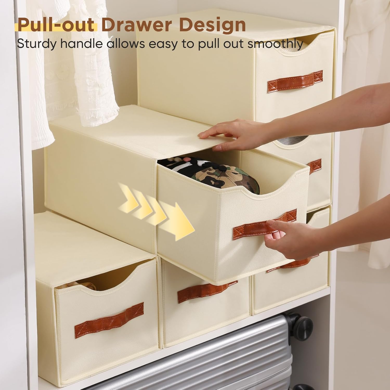 6 Pack Stackable Storage Drawers, Fabric Closet Organizers and Storage with Handles and Clear Window, Pull-Out Clothes Storage Bins with Drawer for Closet, Bedroom, Living Room, Under Bed, Beige