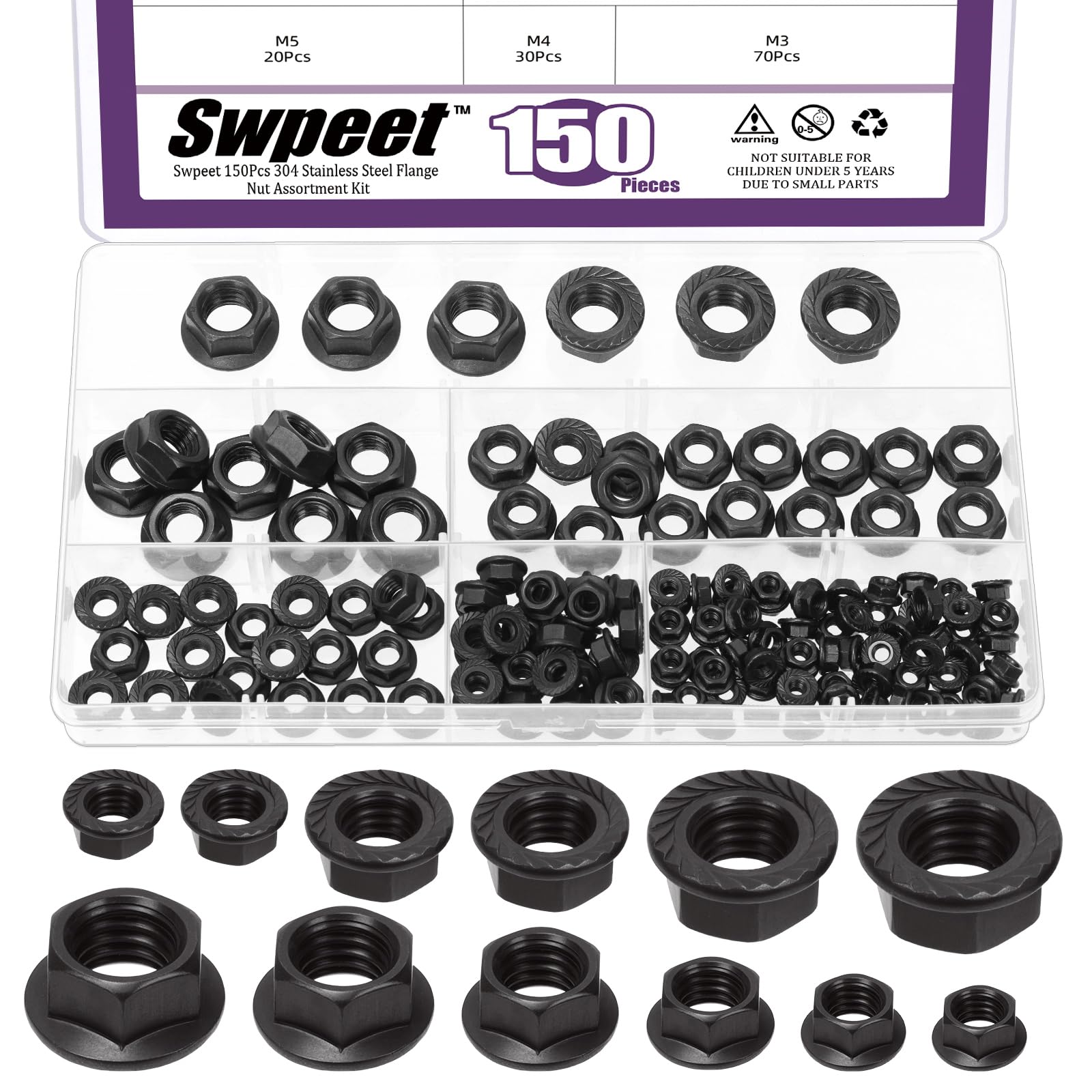 Swpeet 150Pcs 6 Sizes M3 M4 M5 M6 M8 M10 Black 304 Stainless Steel Serrated Flange Nuts Hex Lock Nuts Assortment Kit, Metric Flange Locknuts Fasteners for Industry Mechanism