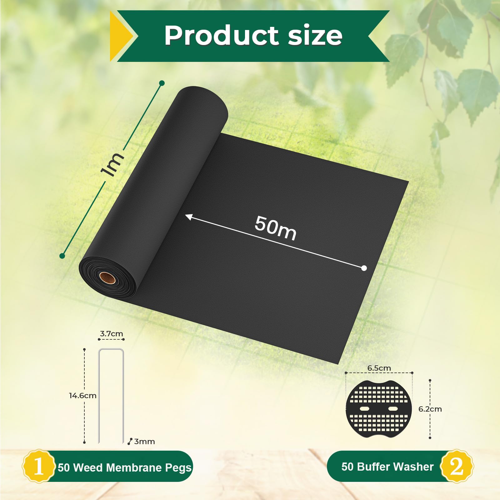 OUNUO Telo Pacciamatura 1 x 50M, 100g/m² Tessuto Non Tessuto Anti Erbacce, con 50 Picchetti a U, Telo Anti Erbacce per Orto, Giardino, Tessuto Permeabile all'Acqu, Stabilizzazione UV, Nero