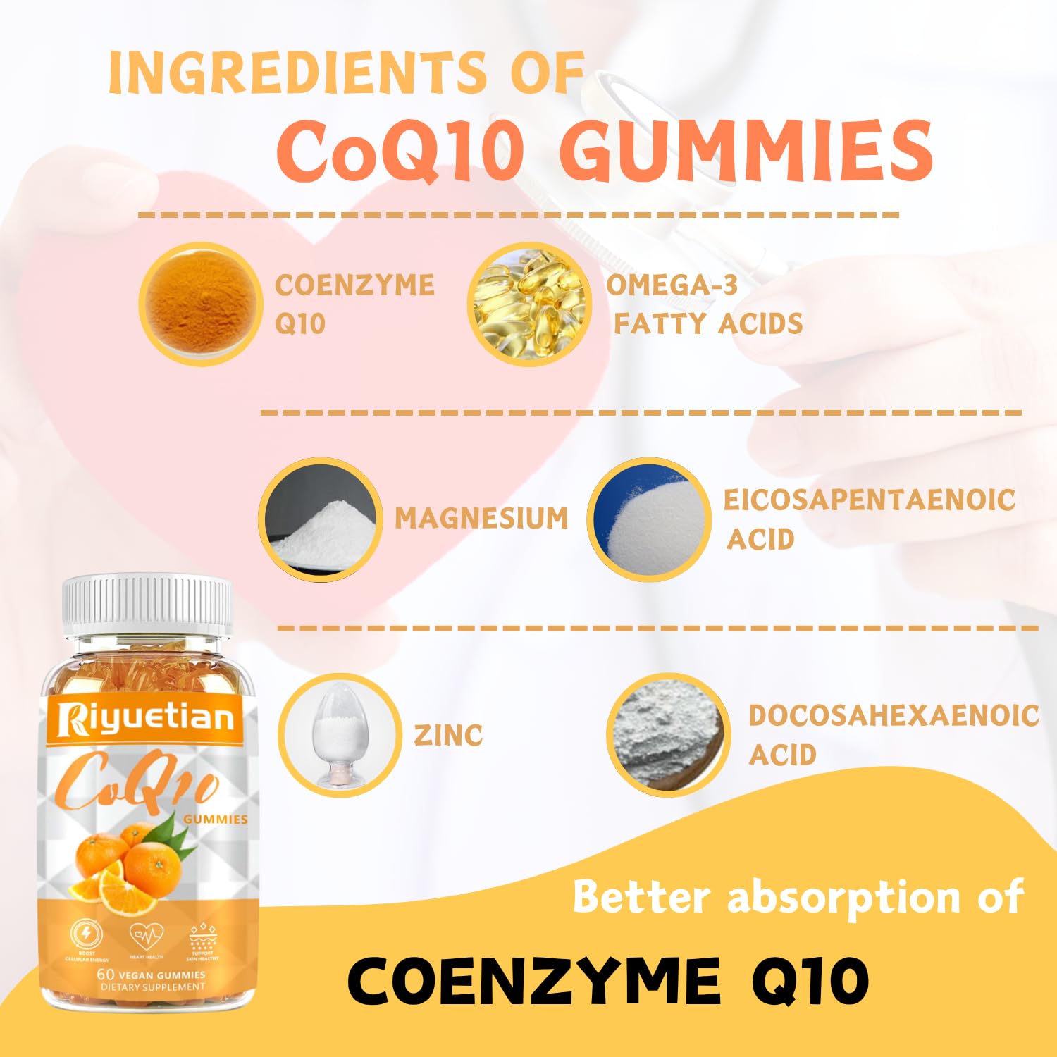 COQ10 Gummies - CoQ10 500mg + Omega-3 EPA/DHA + Magnesium Glycinate + Zinc Citrate, to Support Heart Health, Energy Production, Immune System & Mineral Absorption, 30 Servings — Amazon image 2