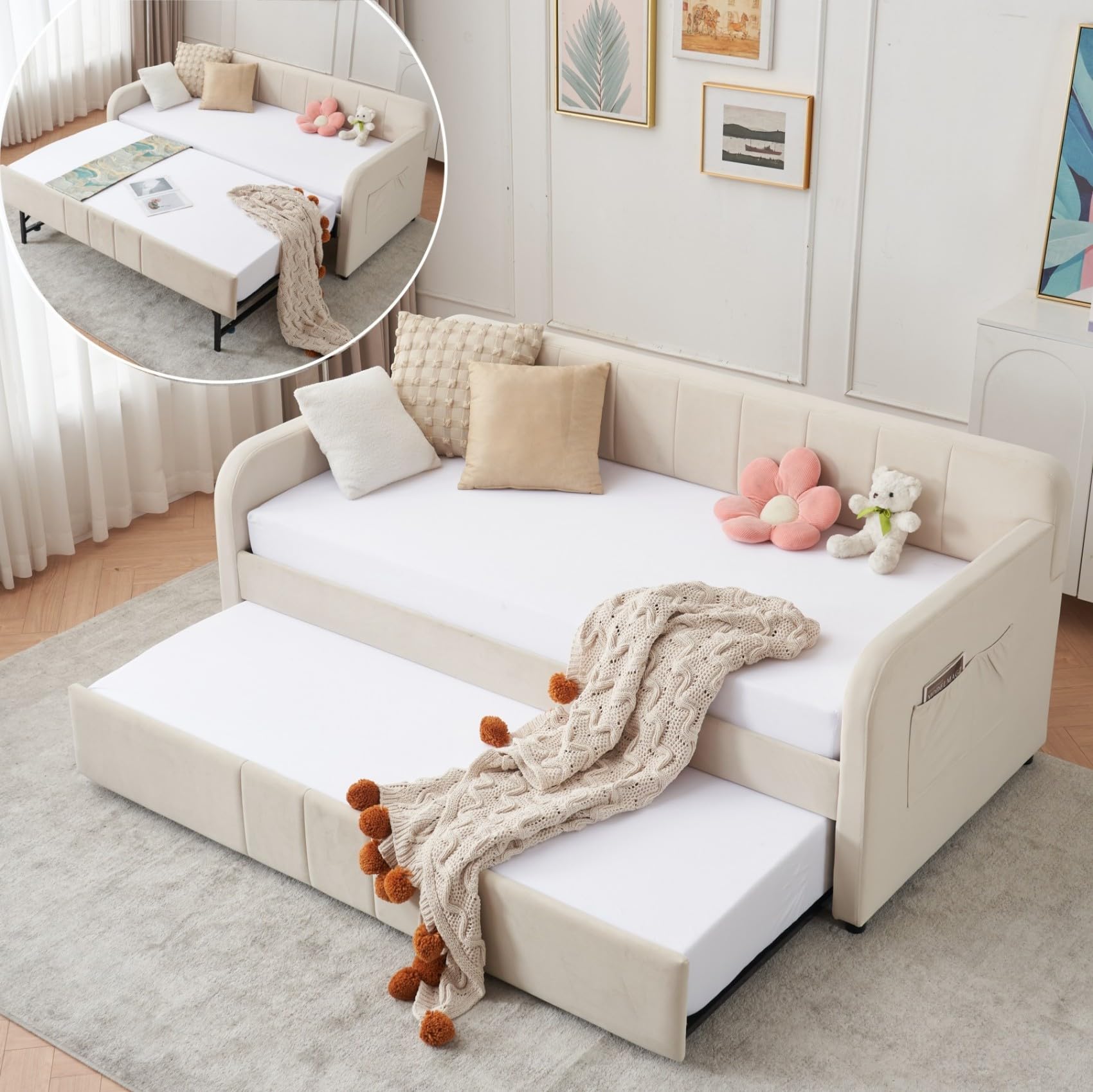 KEIKI Twin Velvet Corner Daybed with Liftable Trundle, USB Charging, Pockets, Converts to King Size, Upholstered Headboard Captain Sofa Day Bed Frames