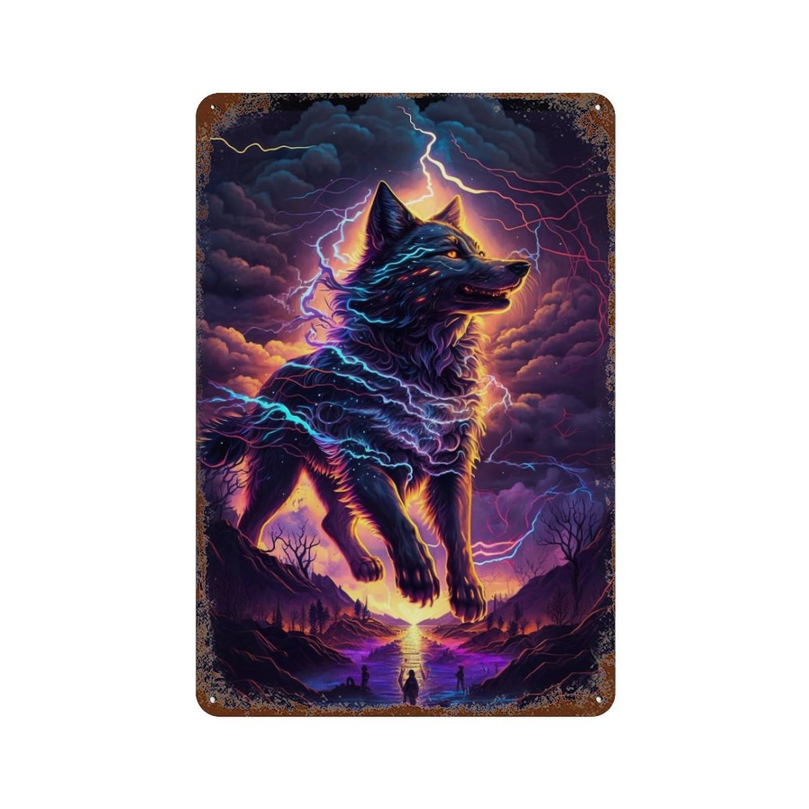 Electric Wolf Fantasy Artwork 11.8"x7.9" Aged Metal Wall Plaque, Vintage Wall Decor for Basement, Hobby Room And Garage Decor
