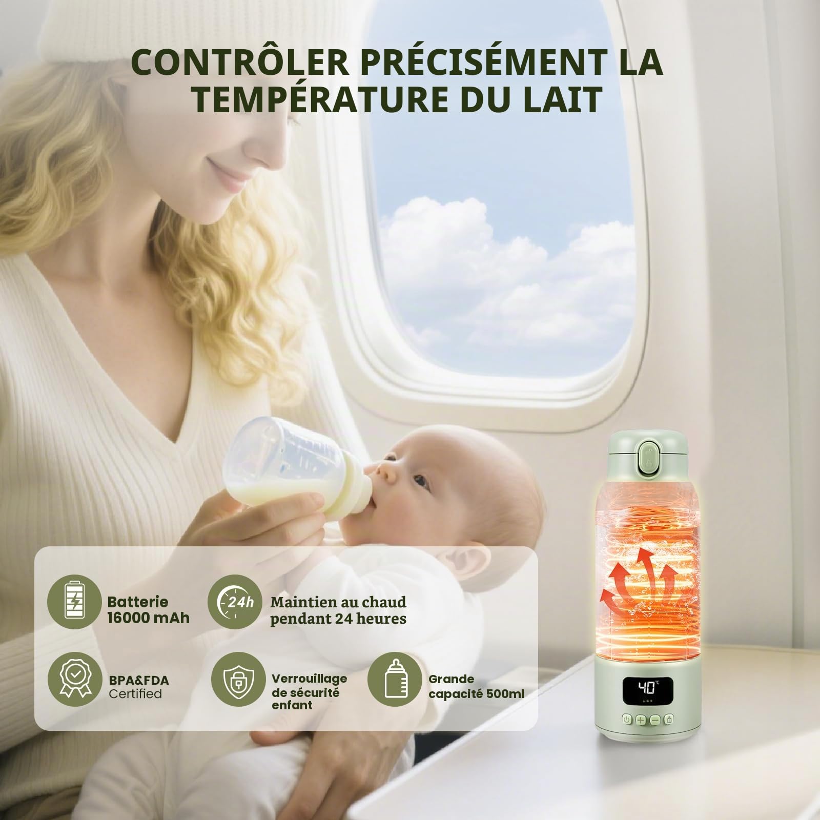 Chauffe Biberon Nomade Capacité 500ml pour Voyage, Chauffe Biberon sans Fil pour Eau ou Lait Maternel, Température Réglable 37 à 70°C Chauffe Lait/Eau Portable, sans BPA