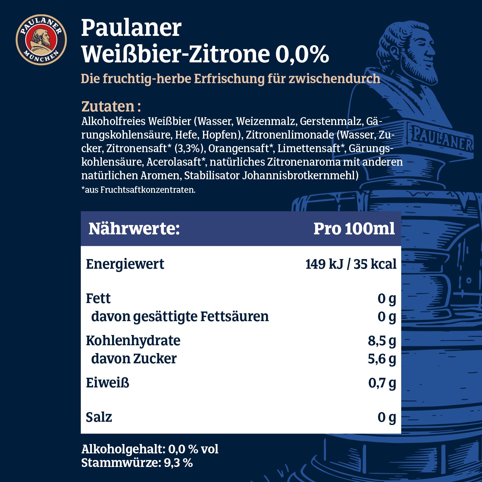 Paulaner Weißbier-Zitrone Alkoholfrei 0,0%• erfrischend-fruchtig•EINWEG(24x0,5l)