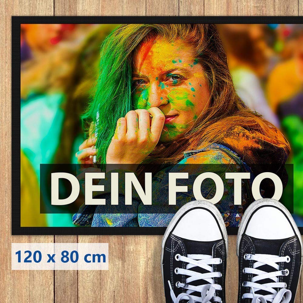 Tassendruck Fußmatte Bedrucken mit eigenem Foto - Verschiedene Größen bis 120 cm - Fußabtreter selbst gestalten - rutschfest, 120 x 80 cm mit Gummirand