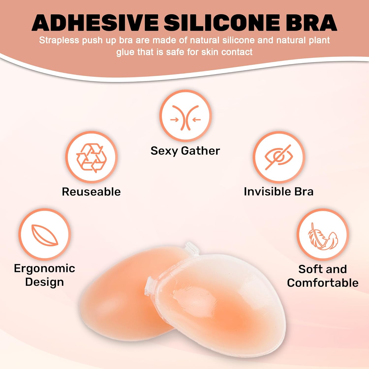 WROLY Sticky Bra, Adhesive Strapless with Nipple Covers, Silcone Invisible Push up Bra for Backless Dress Partywear Weddings (US, Cup Band, D, Skin) - Image 9