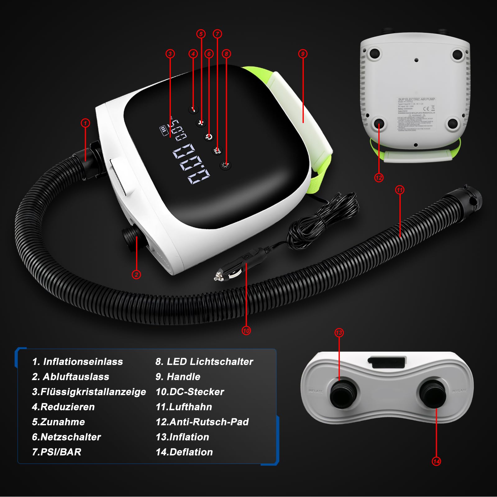 Sup Pumpe Elektrisch mit Akku - 20PSI Wiederaufladbar Hochdruck Luftpumpe,Intelligente Inflation/Deflation,Auto-Off für Aufblasbare Schlauchboot,Stand Up Paddle Boards,Boote,Kajak,Kitesurf