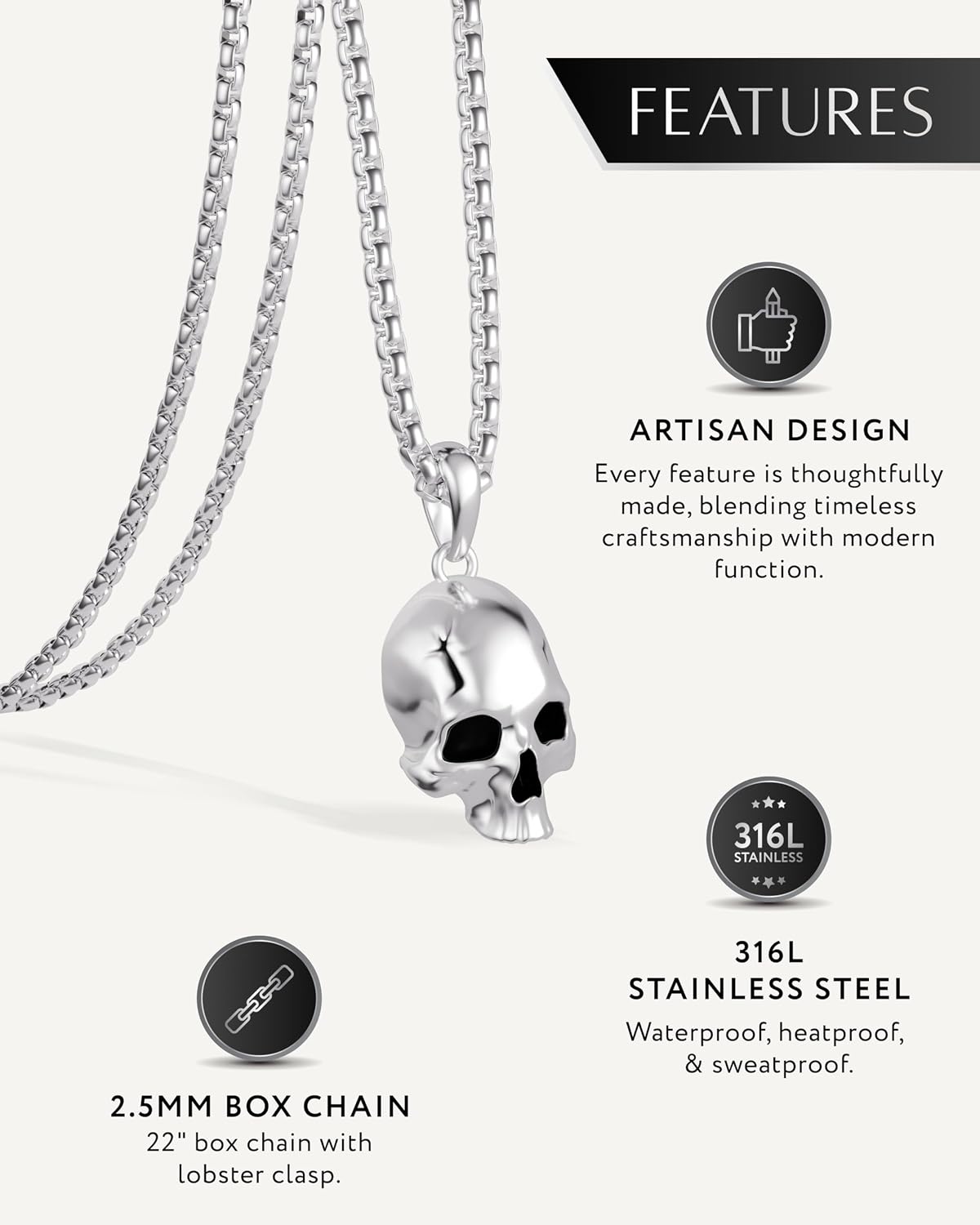 RTZN® Pendant Necklace for Men – Premium Stainless Steel Silver Pendant Necklace with 22" Chain – Waterproof & Non-Tarnish Small Pendants for Men – Bold Symbols of Strength & Legacy