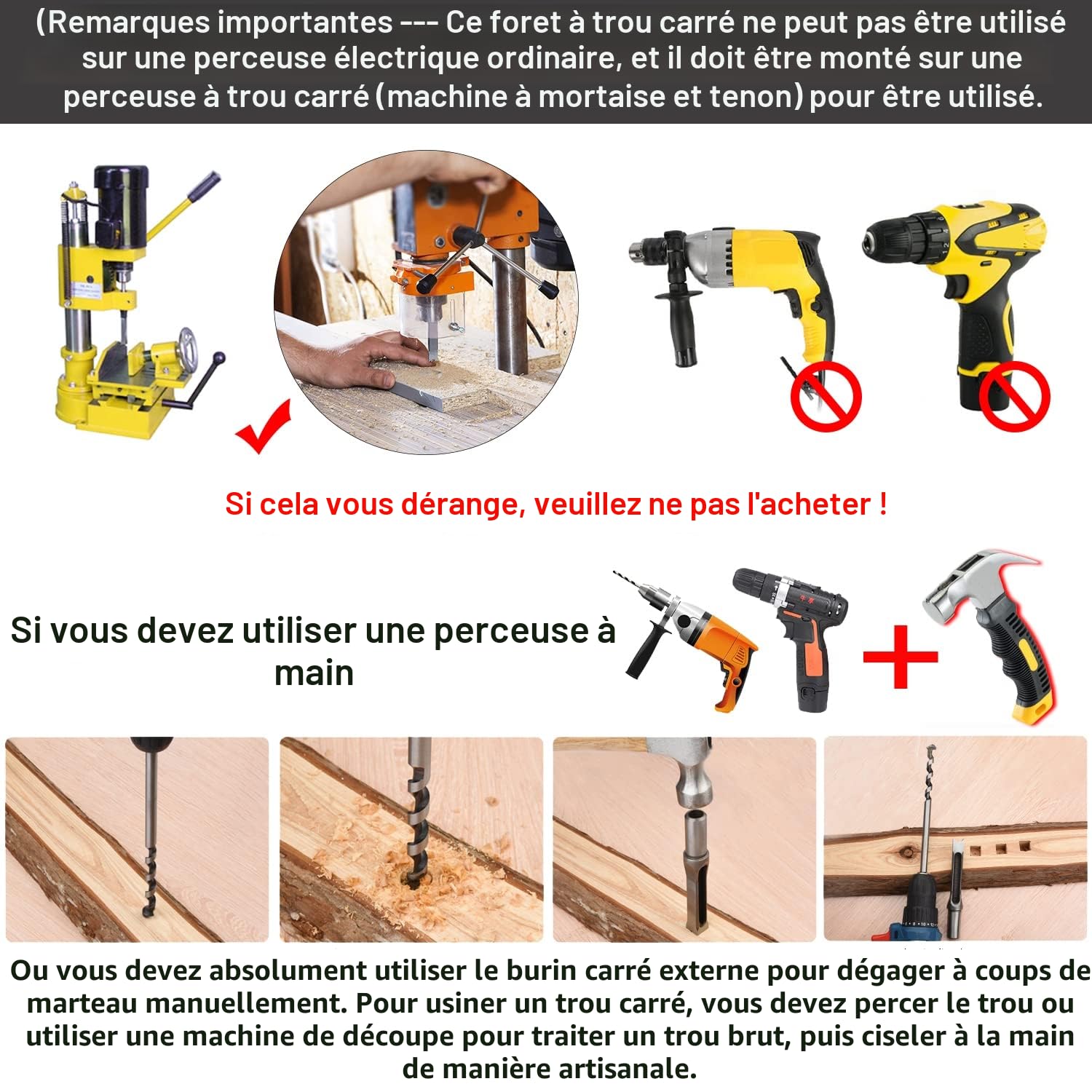 Lot de 6 Forets à bois trou carré bédanes creux acier mèches mortaiser burin 1/4", 5/16", 3/8", 1/2", 9/16", 5/8" outils menuiserie bricolage artisanat bois perçage manuel atelier domestique