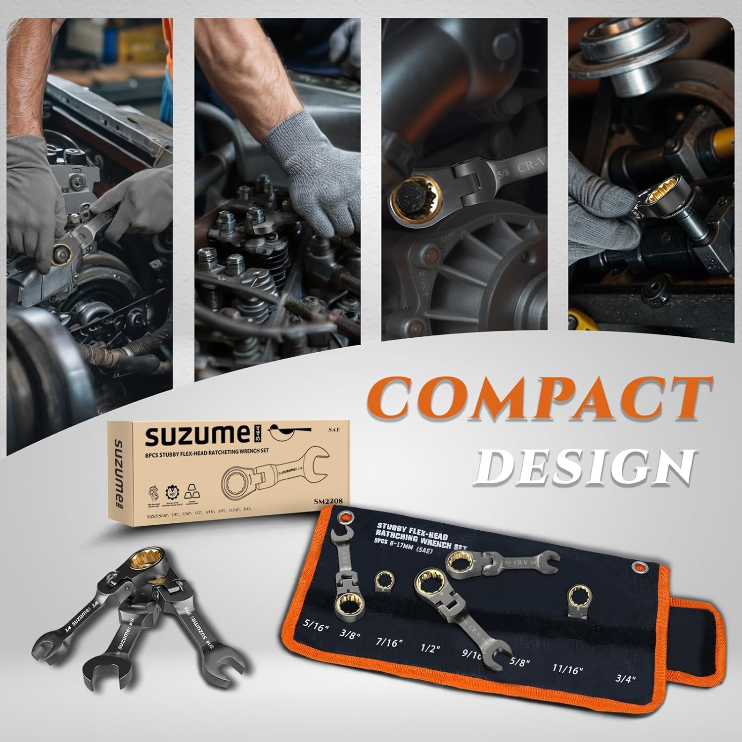 SUZUME 12PCS Flex Head Ratcheting Wrench set & 8PCS SAE Stubby Wrenches Set