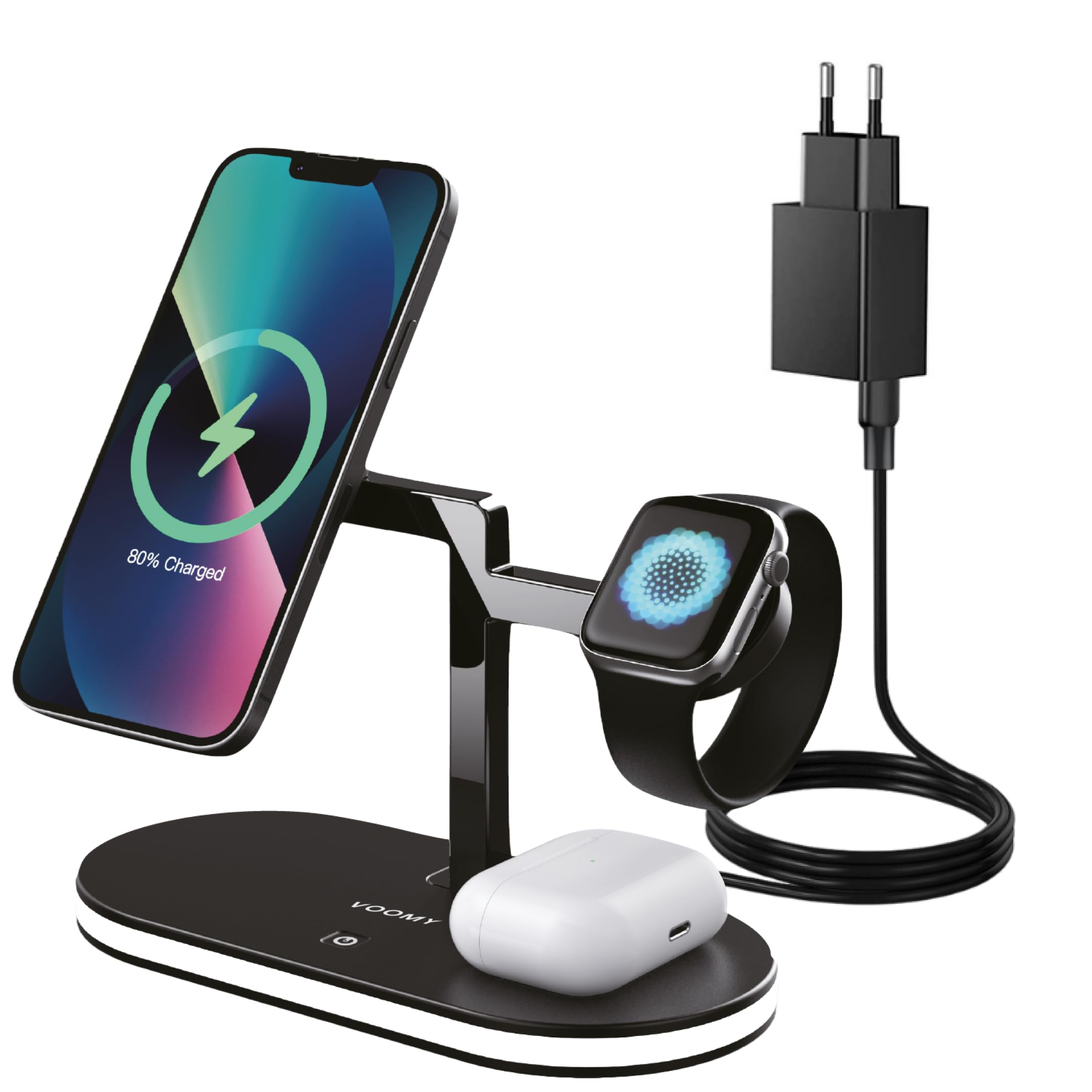VOOMY 3 w 1 bezprzewodowa ładowarka - 15 W Qi stacja ładująca z diodami LED dla iPhone 15/14/13/12/11/Pro Max/X/8, iWatch Ultra/SE/8/7/6/5/4, Airpods 2/3/Pro - W zestawie kabel USB-A i ładowarka
