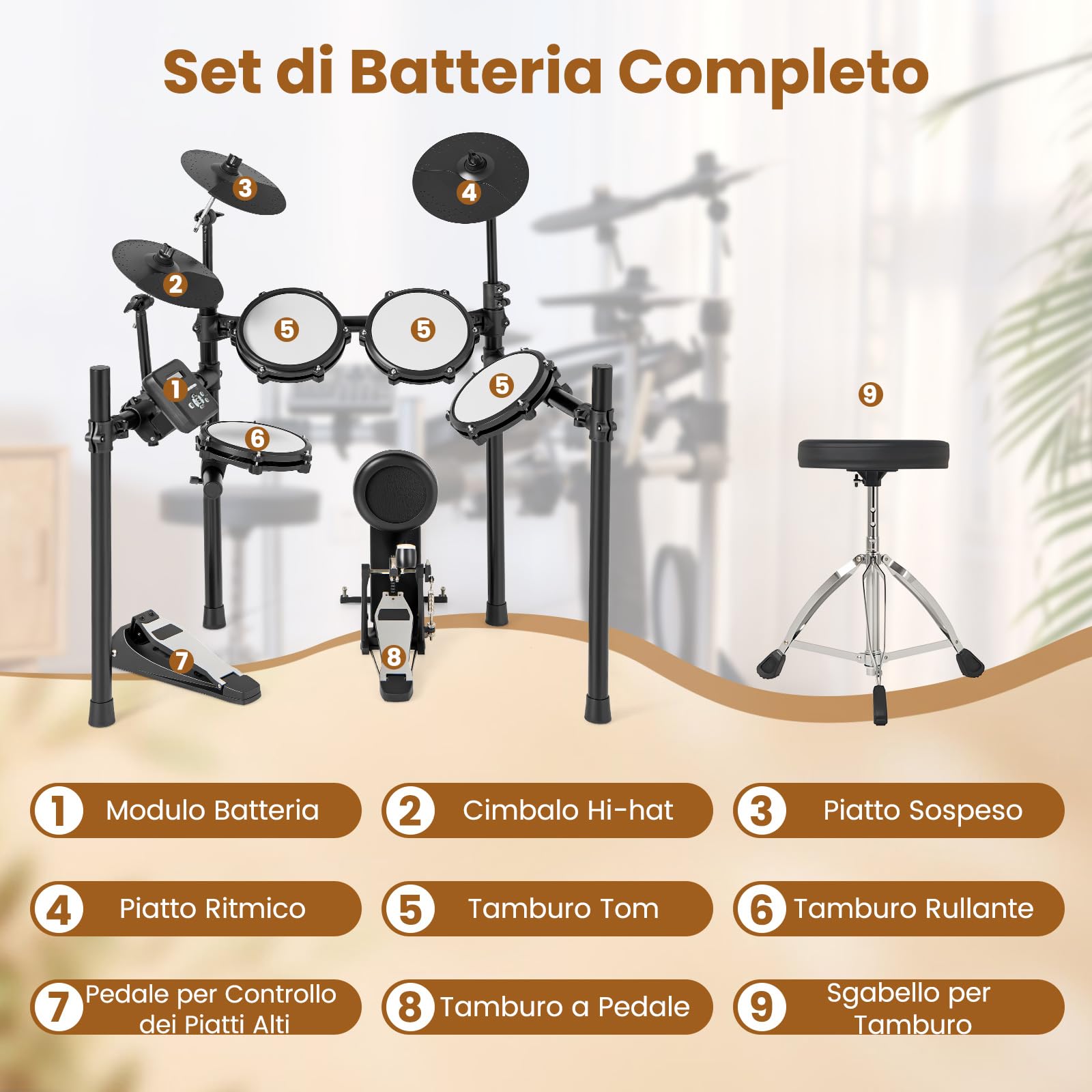 COSTWAY Set di Batteria Elettrica a 8 Pezzi, con 3 Piatti, 5 Pad a Rete, 2 Pedali, 225 Suoni e 30 Demo, Batteria Musicale Pieghevole per Principianti con Sgabello Regolabile, Bacchette e Cuffie