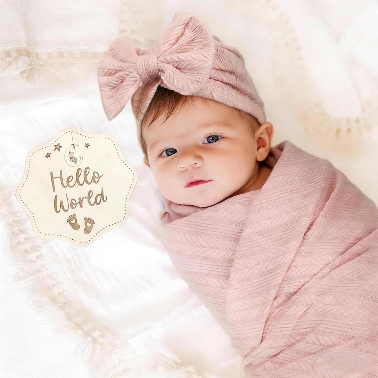 Newborn Receiving Blanket Toddler Warm with Bow Hat Headband Wooden Card Set Wheat-Pattern Newborns Toddler Baby for Baby Girls Boys Nursery Swaddle Wrap me 0-3 Month (2PC Pink & Khaki)
