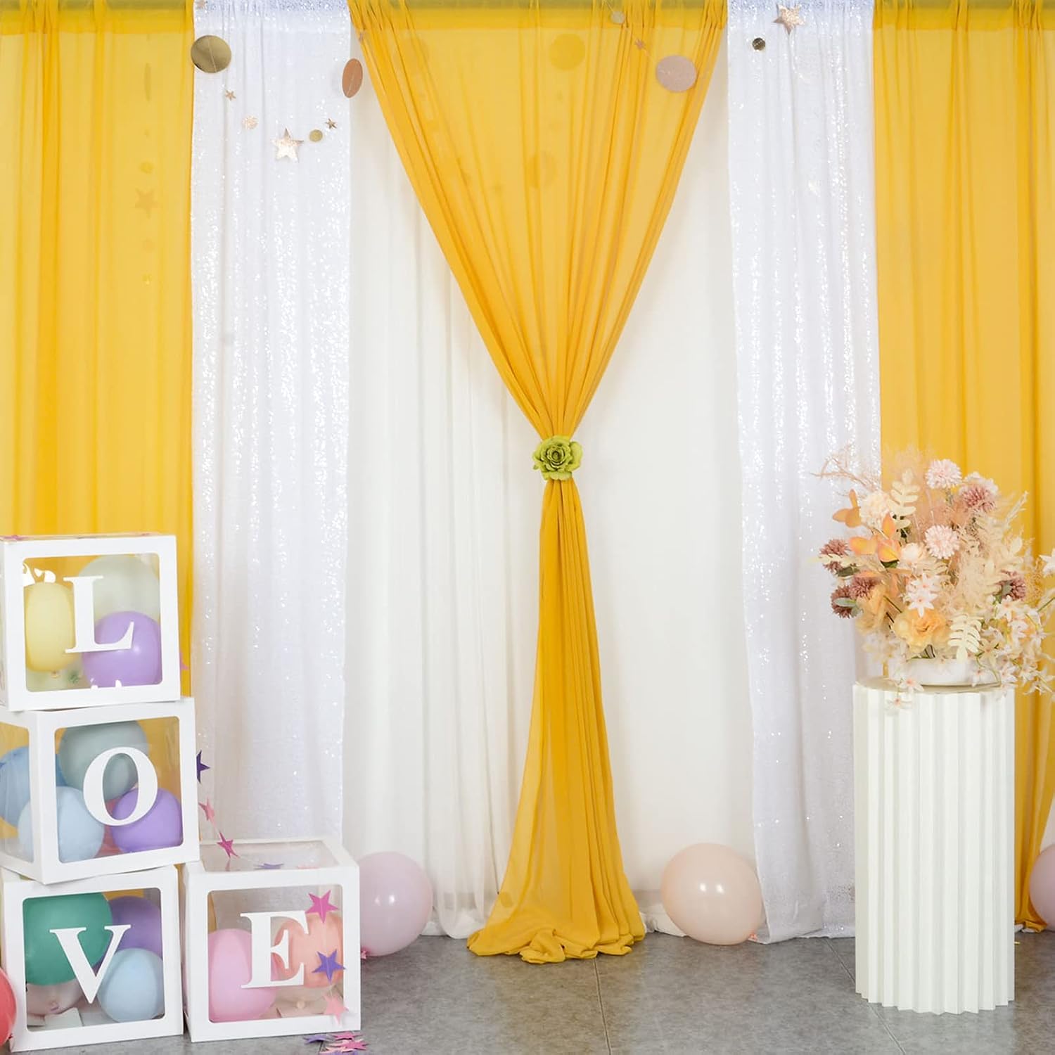 DUOBAO Chiffon Backdrop Curtain Gold Polyester Fabric Drapes for Wedding Ceremony Sheer Voile Curtains 2 Panels 29'' x 84'' Photography Background Drape Party Stage Backdrops (29''x84''x2pcs)