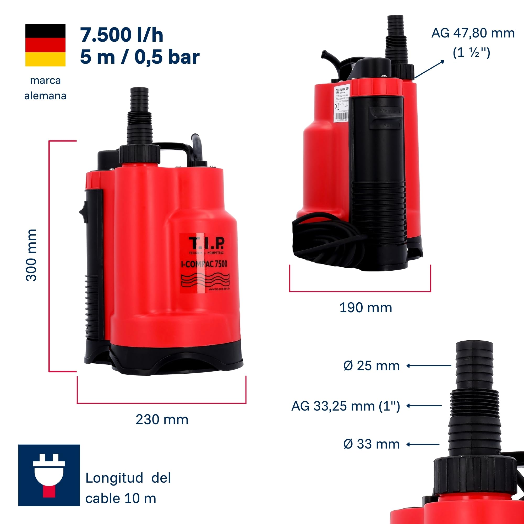 Bomba sumergible para aguas residuales T.I.P. 30190 I-Compac 7500, caudal de hasta 7,5 l/h, 18 x 13 x 30 cm