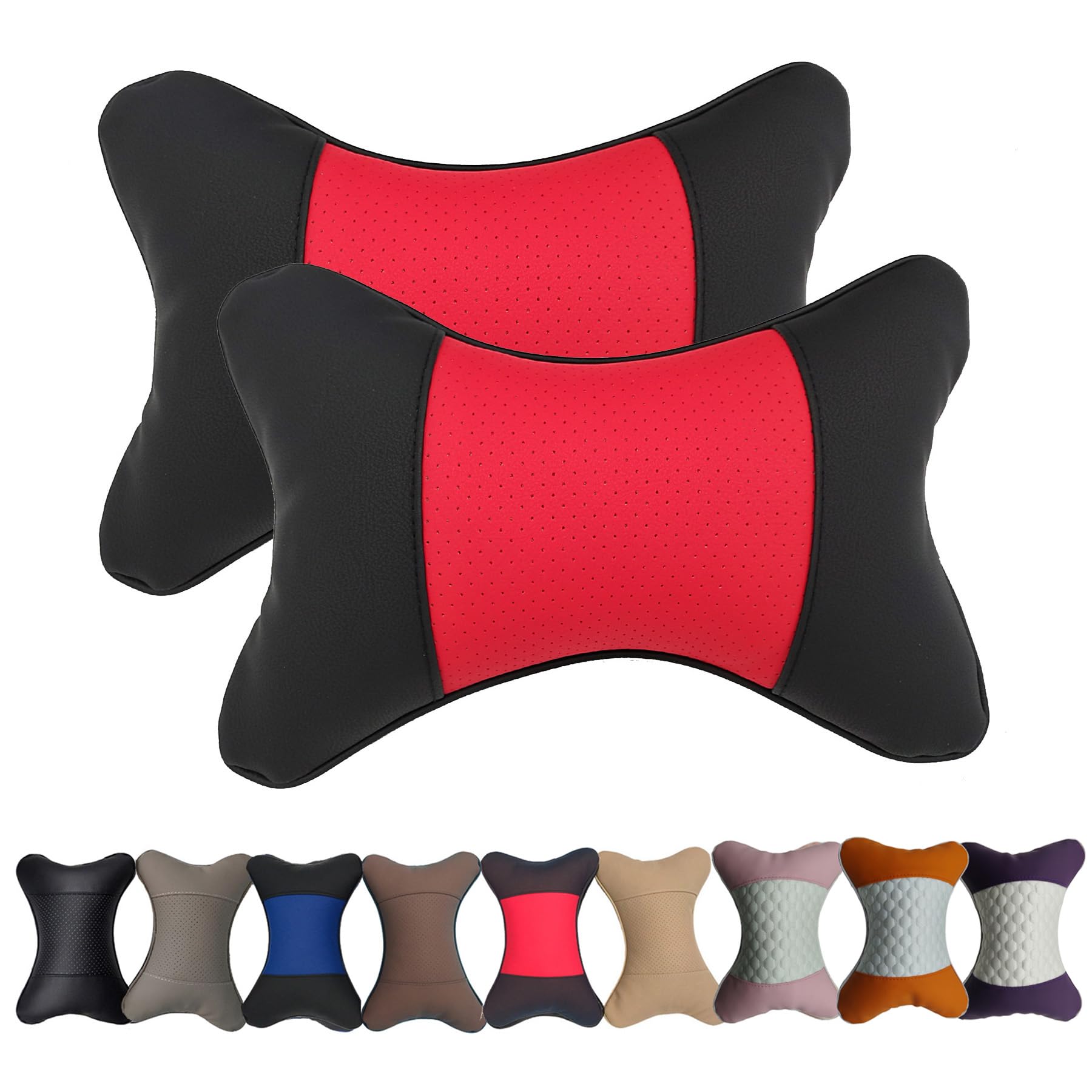Almohadas para el cuello de coche de ambos lados de piel sintética, 2 piezas, para reposacabezas de la mayoría de los coches llenos de fibra universal para coche (negro y rojo)