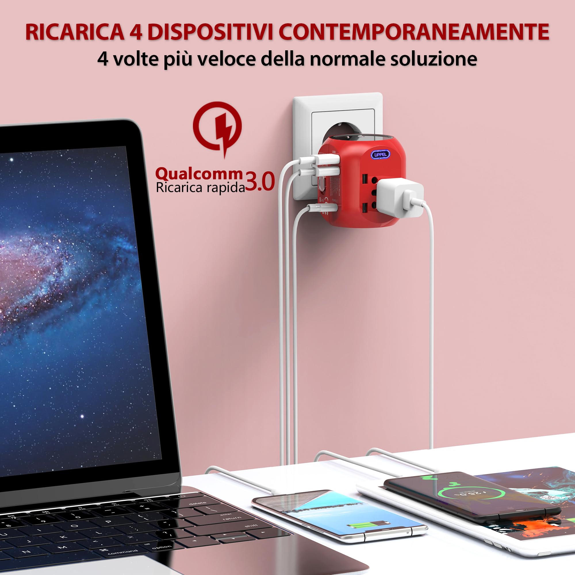 Milool Adattatore Universale da Viaggio con QC3.0 Quick Charge 2 Porte USB 3.0 e 1 Interfaccia Type-C US/EU/UK/AU in One Caricatore Multifunzioni per Oltre 180 Paesi, 2 Fuse (Spare Fuse) -Rosso