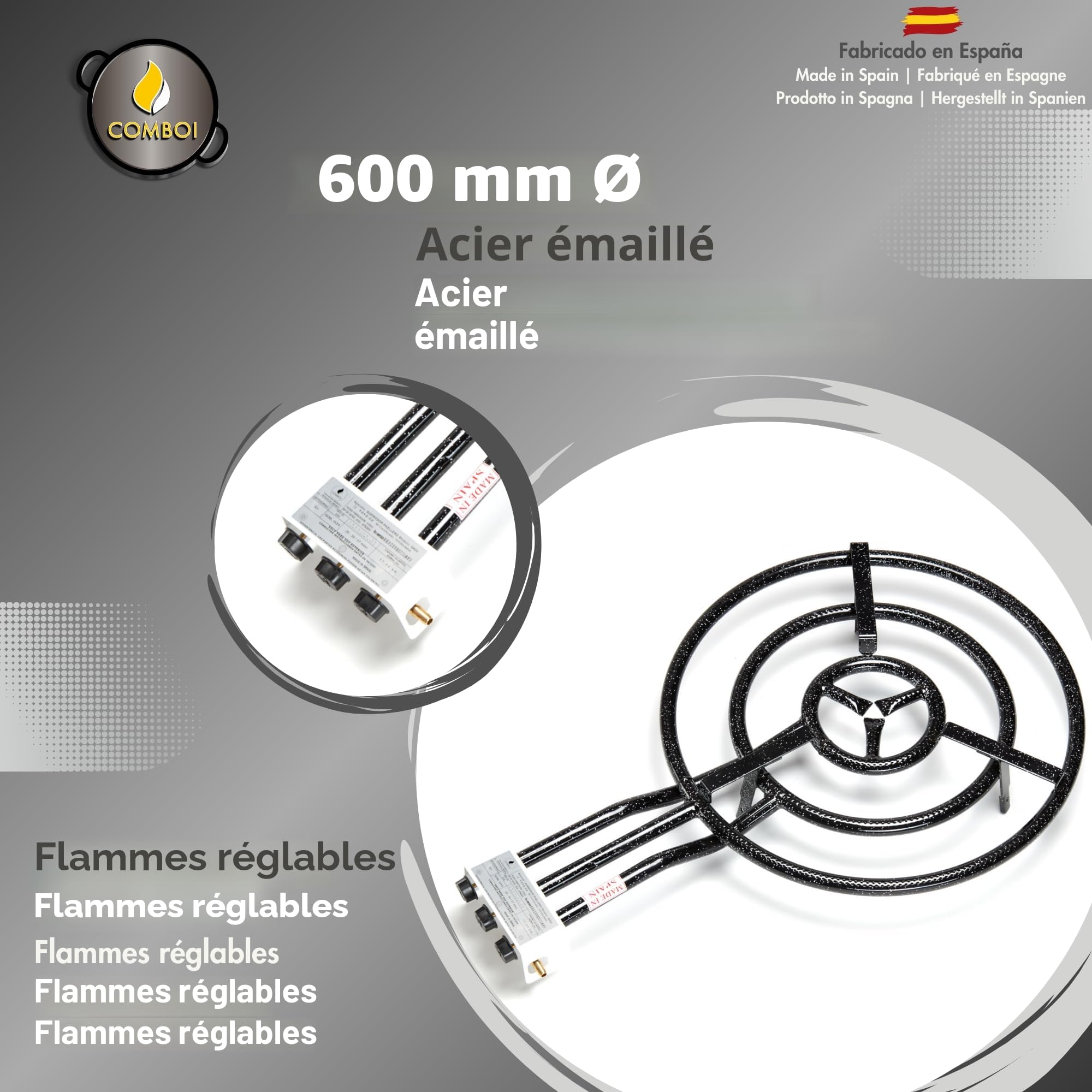 COMBOI Poêle à paella gaz butane 60 cm, poêle à paella 70 cm, brûleur, régulateur de gaz, tuyau, pieds trépied, niveau à bulle, tablier, livre de recettes numérique (set 600 + pieds de trépied)