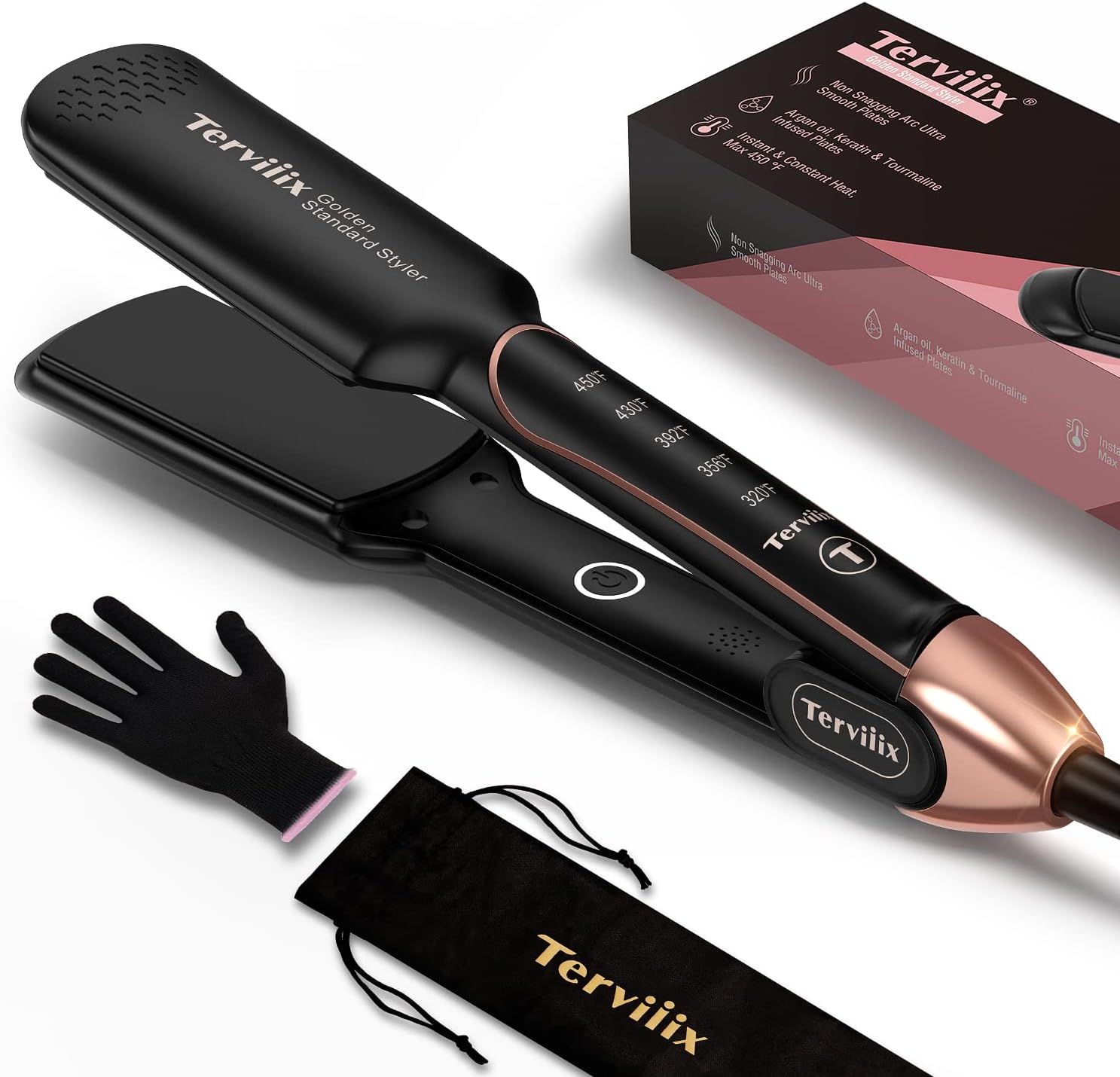 Terviiix Flat Iron Hair Straightener - Ceramic & Tourmaline for Smooth, One-Swipe Results, Salon-Grade Wide 1-3/4 Inch Straightening Iron Gently Straightens Thick, Curly, Black & Natural Hair