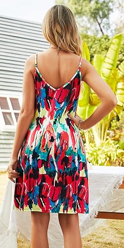 Miniatura 6 de OURS Vestido de verano casual floral para mujer con tirantes delgados cuello en V sin mangas estilo bohemio para playa con bolsillos