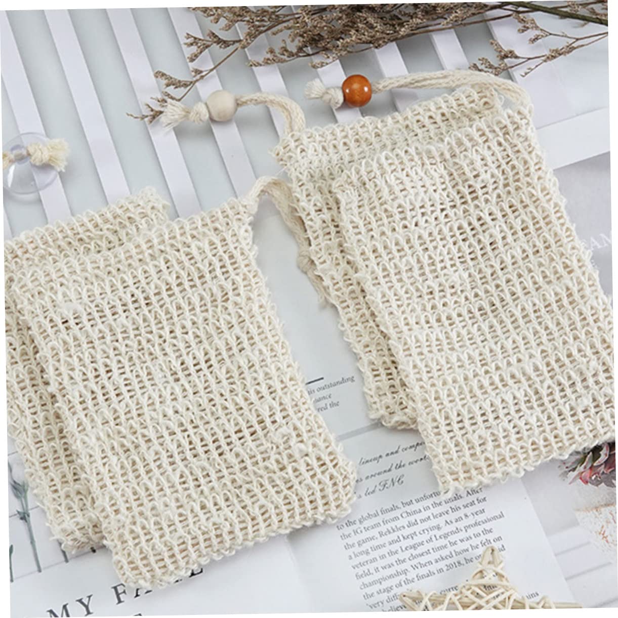 Gatuida 5pcs Exfoliating Soap Net Bag with Drawstring Bathing Supply Mesh Storage Pouch for Handmade Cosmetic Soaps Wooden Beads