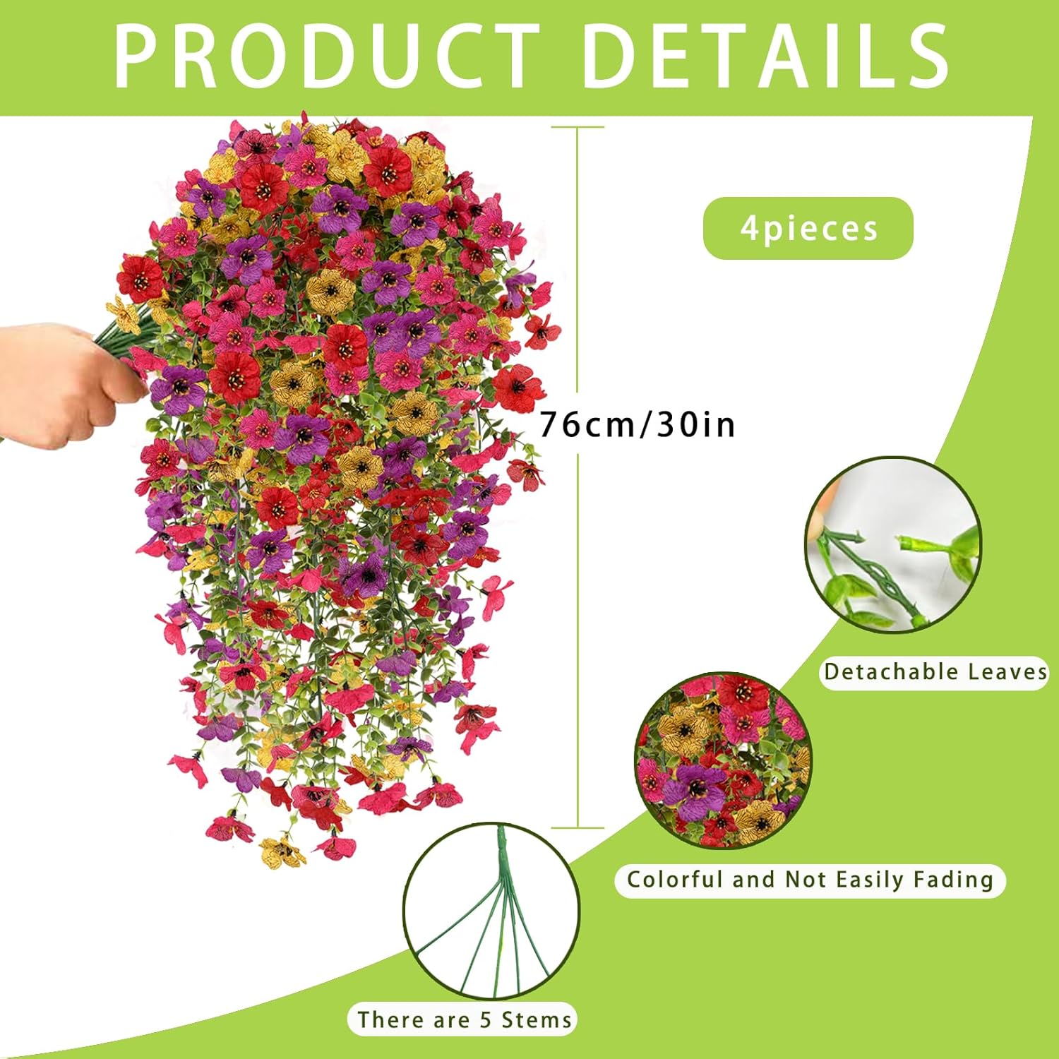 Artificial Fake Hanging Flowers Plants for Outdoor Spring Summer Decoration, 4PCS UV Resistant Look Real Trailing Vines for Outside Home Planter Porch Patio Valentine's Day Decor(Multicolour) - Image 4