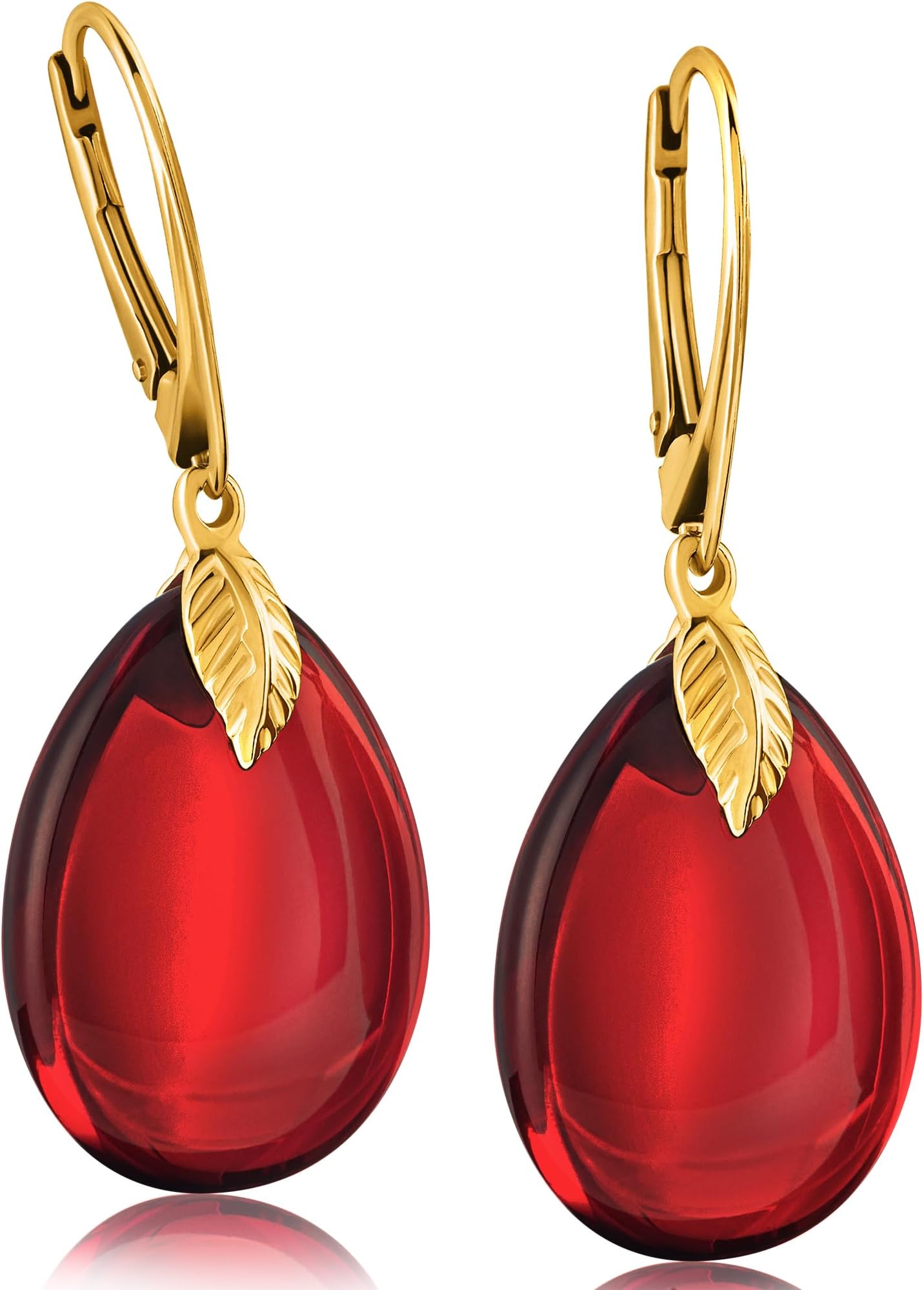 Amber by MazuknaCherry Red Amber Earrings for Women, Yellow Gold Plated Silver Leverback Closure, 1.69x0.59in 5.5g, Lighweight Semi Precious Stone Jewellery for Ladies (Red)