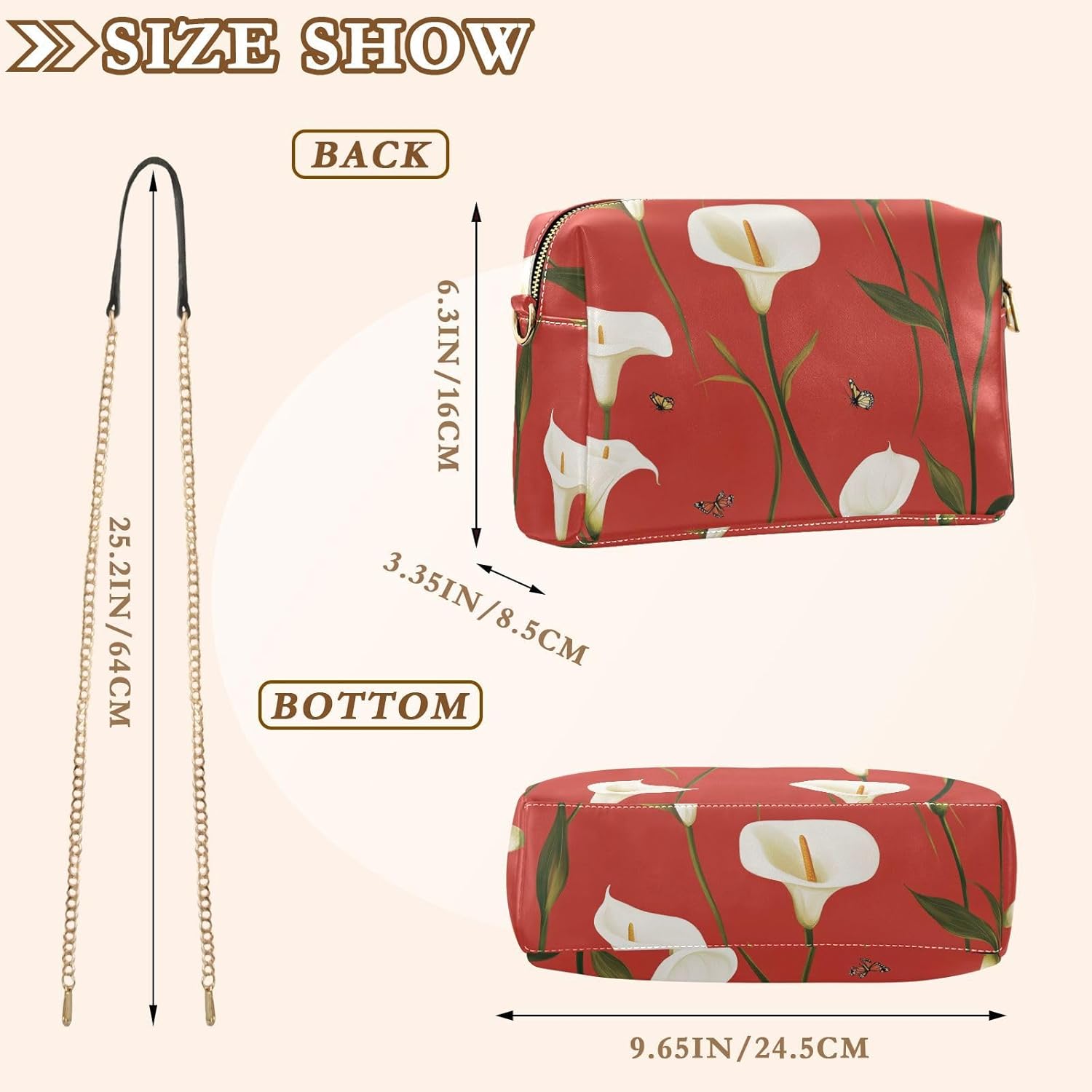 KLL Cartoon Calla Lily Red Fashion Small Crossbody Bag For Women Vegan Leather Women's Cross Body Purse Waterproof Shoulder Handbag For Travel