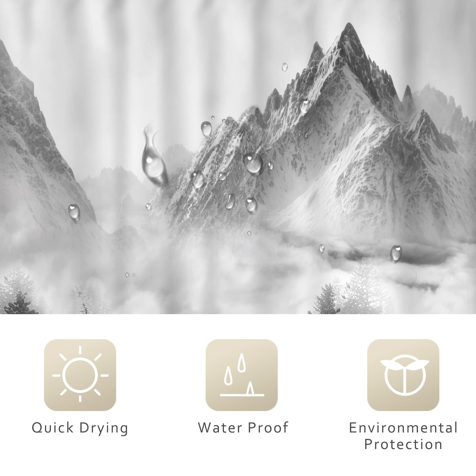Duschvorhang „Forest Mountain“ – Schwarz-Weiß, Wasserdicht, 183x190 Cm – Mit 12 Haken, Rustikales Naturdesign