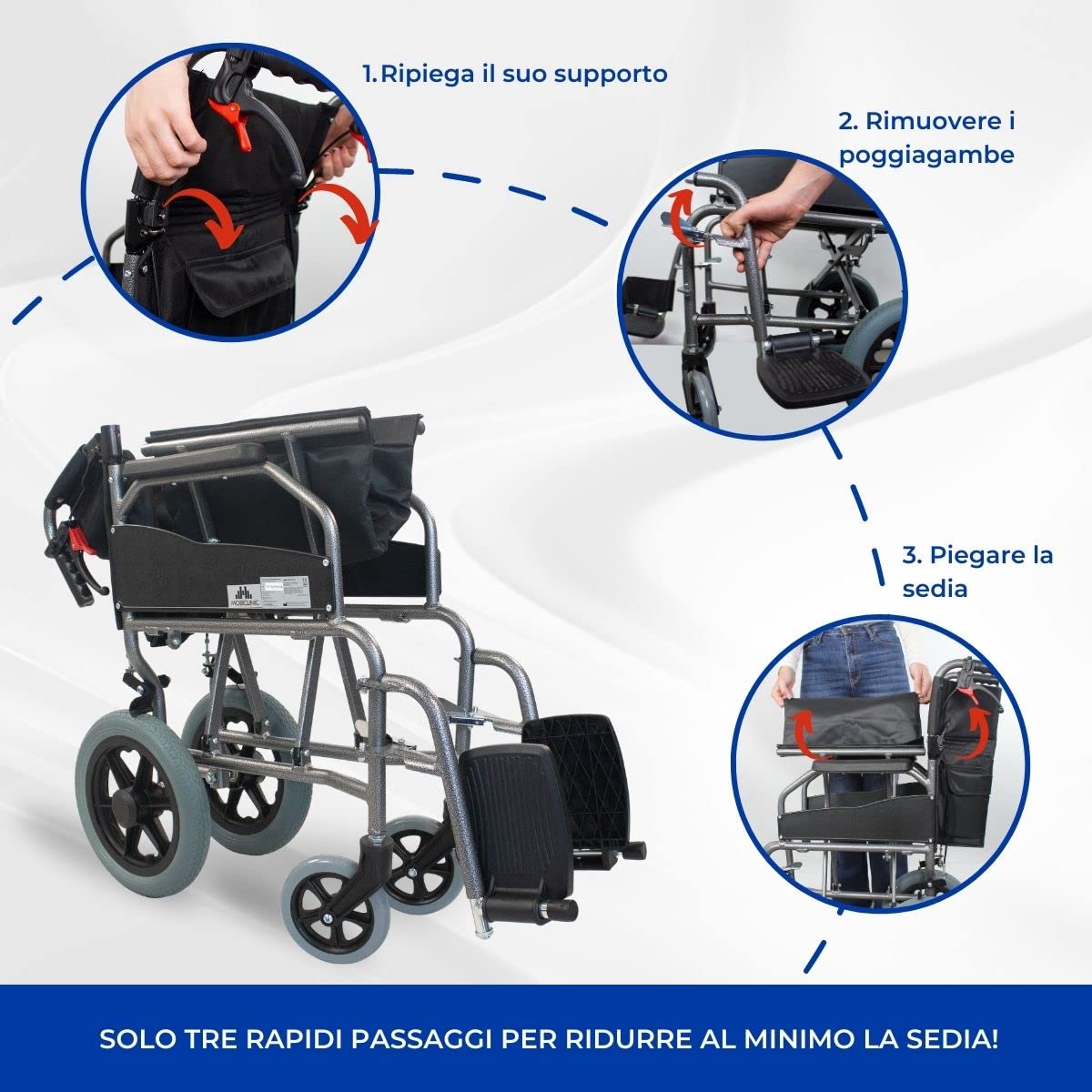Mobiclinic, Sedia a rotelle, Museo, Di transito, Pieghevole, Alluminio, Freno sulle maniglie, Ortopedica, Poggiapiedi, Braccioli, Per anziani e disabili, Marcatura ce, Ultraleggera, Nero