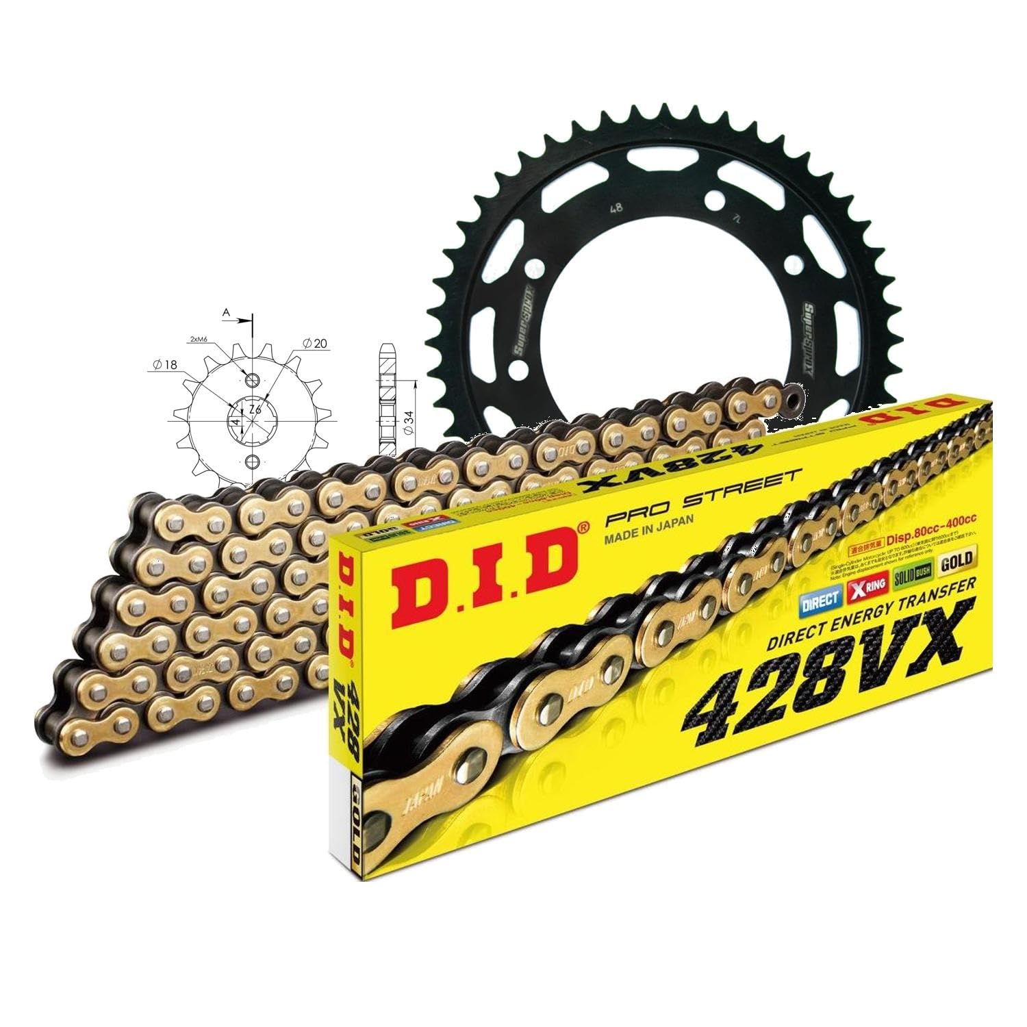 Zestaw łańcuchów DID stal 428VX / 134 zapięcie na klips do Rieju MRT Cross Supermoto Freejump 125 ccm rok prod. 2012-2015