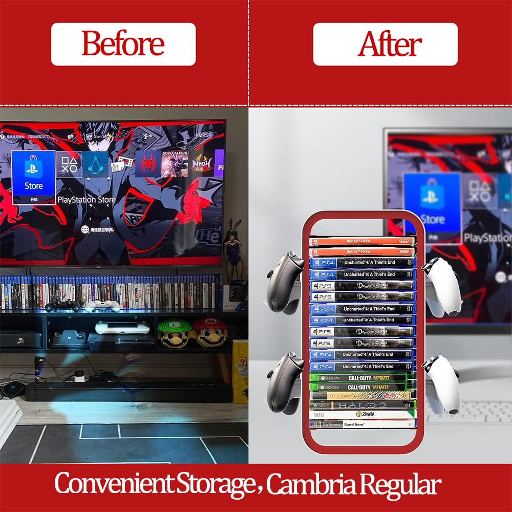 Torre di Stoccaggio per Giochi Compatibile con PS5/ Xbox Serie S e X/Switch, Universale Stoccaggio dei CD del Gioco Supporto Contiene 18 Giochi, con 4 Supporti per Controller