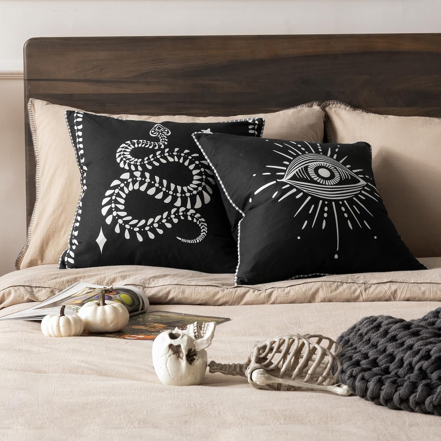 Phantoscope 20x20 Pillow Insert - Throw Pillow Insert with 100% Cotton Cover Bundle Pack of 4 Happy Halloween Throw Pillow Covers, Printed Halloween Bat Owl Snake and Totem Eye