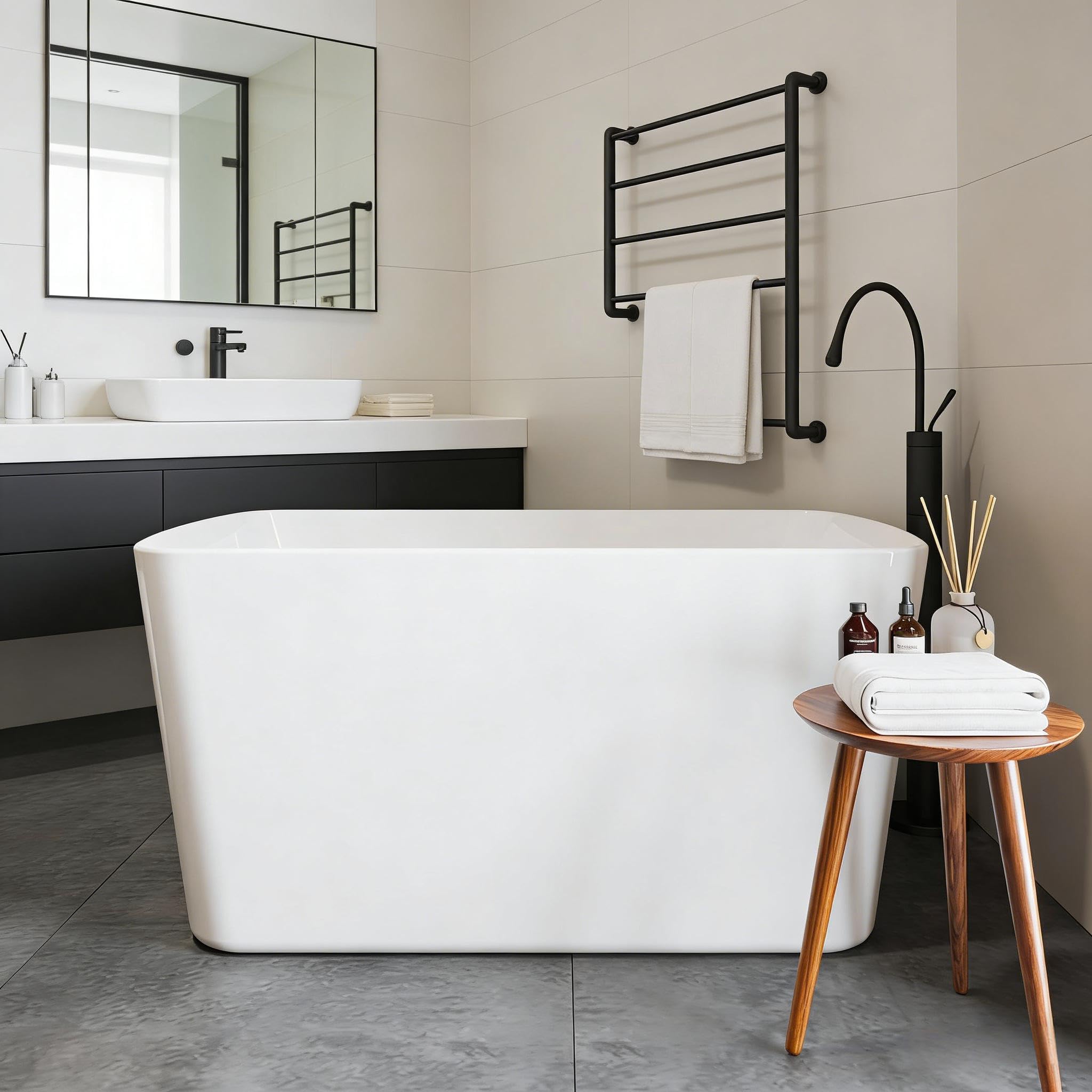 49'' Freestanding Bathtub, Acrylic. Deep Soaking Stand Alone Tub, Bath Easy to Install for Bathroom Renovation, Comfortable Small Space Tub with