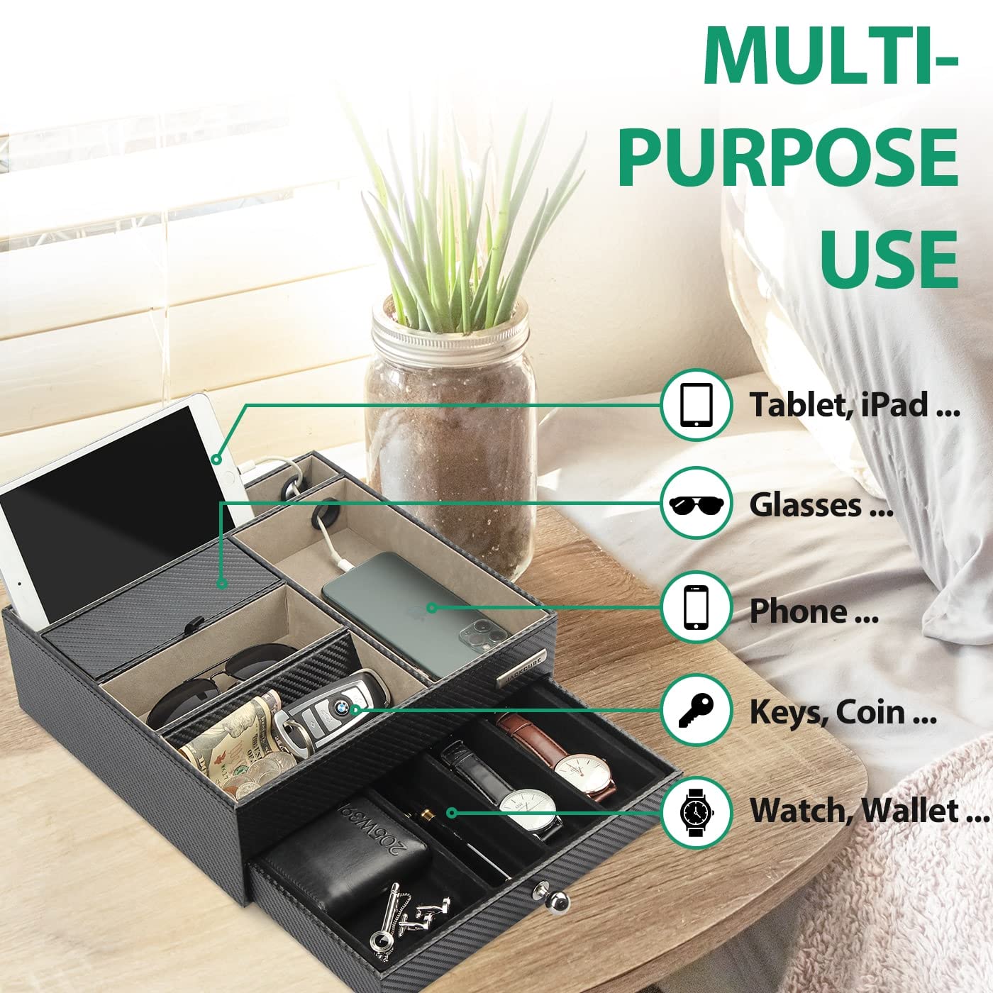JackCubeDesign Table de nuit multi-fonctionnelle Coffret à bijoux en cuir noir Catch All Valet Tray Organizer Boîte de rangement avec tiroir et trou de chargement (Noir, 28 x 27 x 8,9 cm) -: MK389A