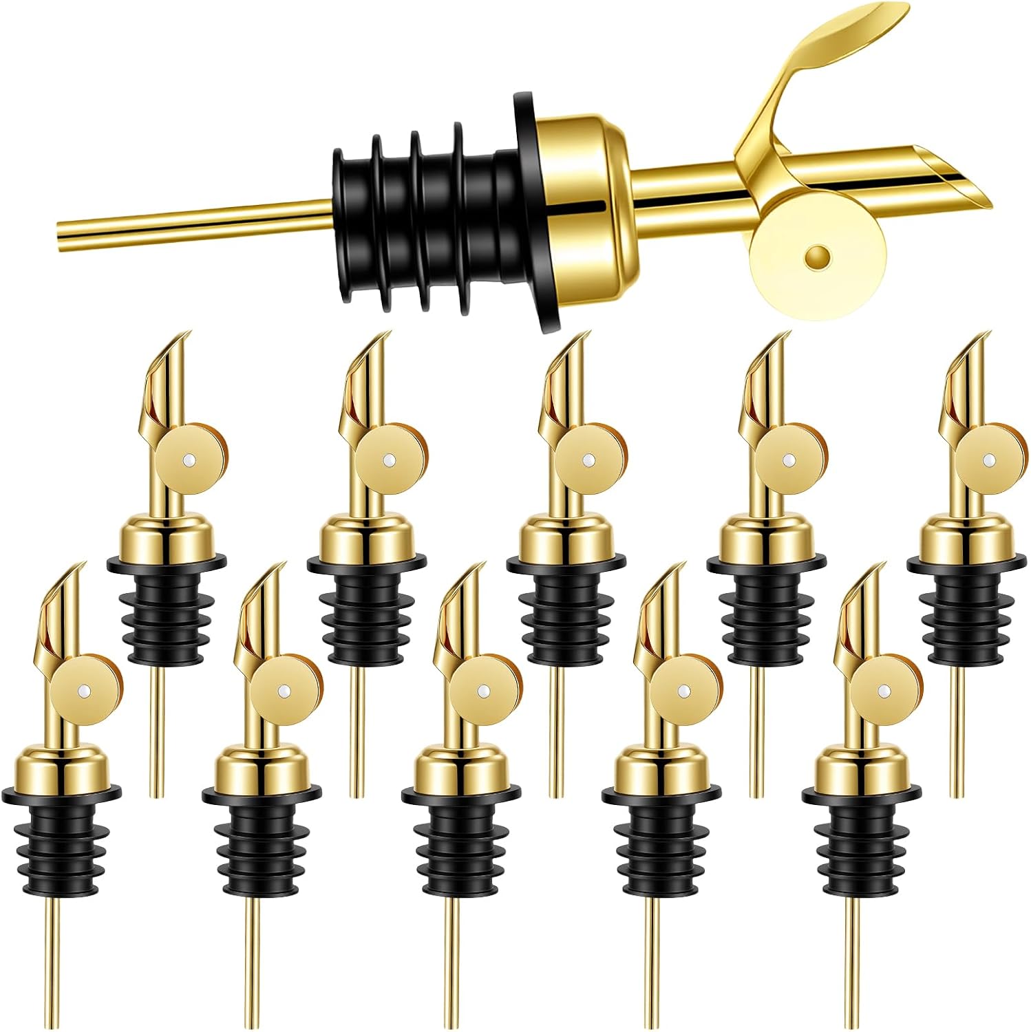 10 Pcs Weighted Stainless Steel Liquor Bottle Pourers Auto Flip Olive Oil Dispenser Spout Automatic Opening and Closing with Funnel and Brush for Pouring Wine Syrup Kitchen (Gold)