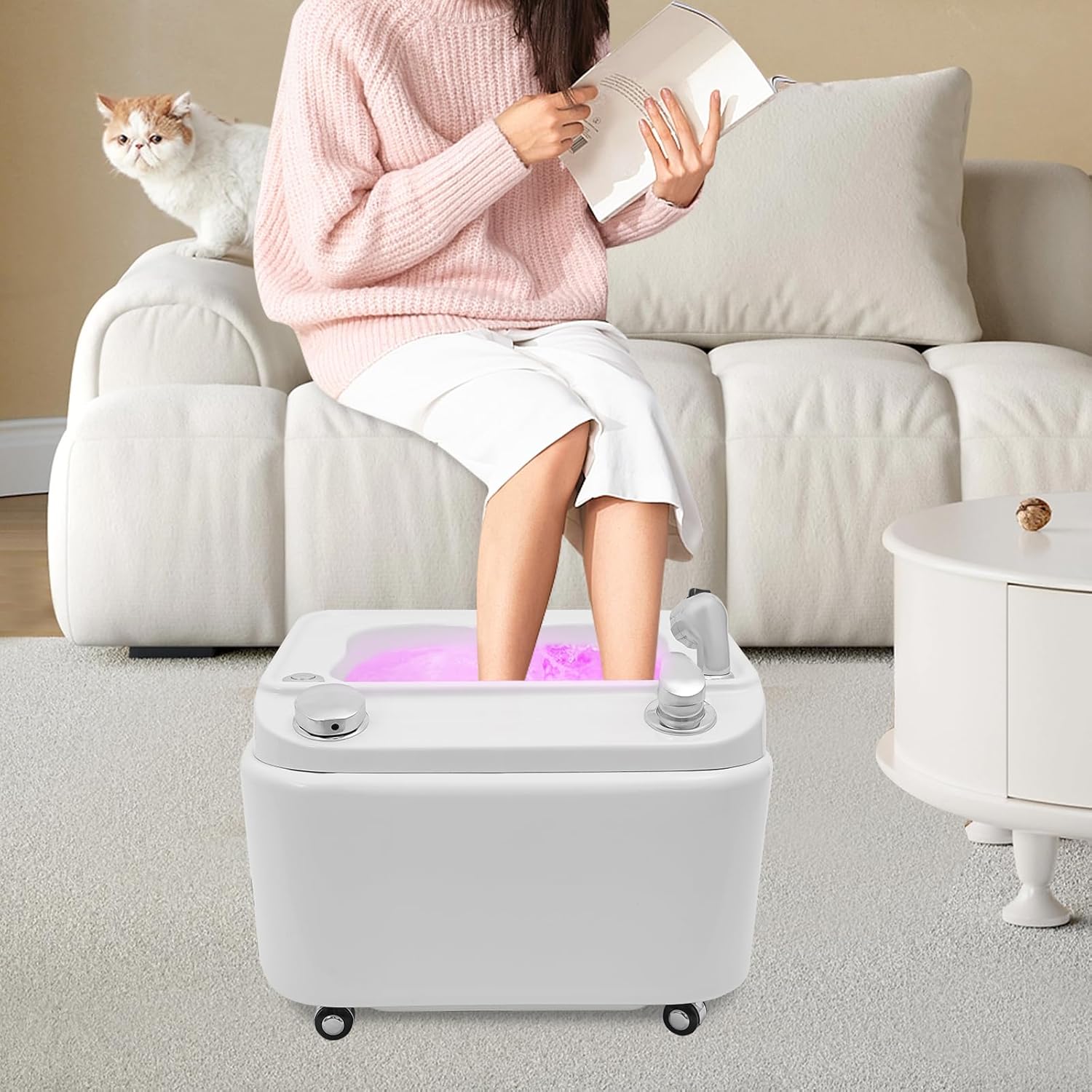Foot Bath Spa with Colorful Lampa and Wheels, Portable Foot Spa Tub Adjustable Hot and Cold Water Acrylic Surf Massage Foot Soaking Tub Pedicure Bowl Pedicure Feet Spa Basin for Home Use