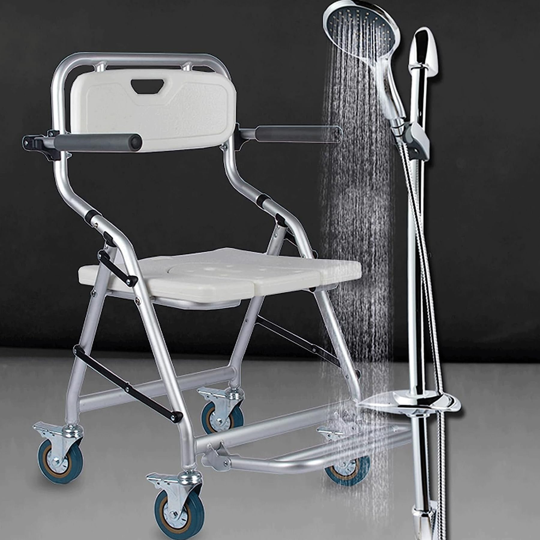 Sedia da Doccia 150KG con Rotelle per Anziani e Disabili | Sedile da Sgabello Bagno Pieghevole, Sgabello Doccia con Braccioli e Schienale - Quattro Ruote con Freni, Antiscivolo