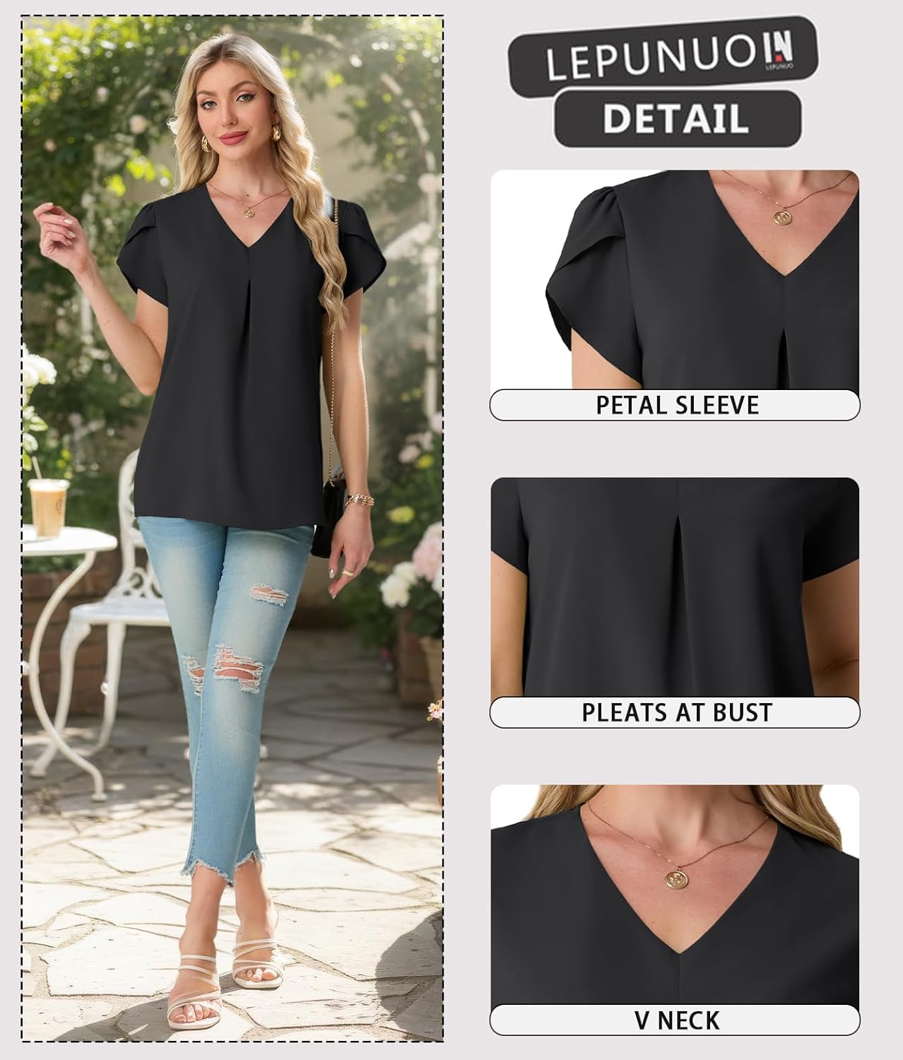 Lepunuo Womens Spring Tops Summer Dressy Casual V Neck Short Sleeve Blouses Flowy Shirts Business Work Tunic Tops - Image 4