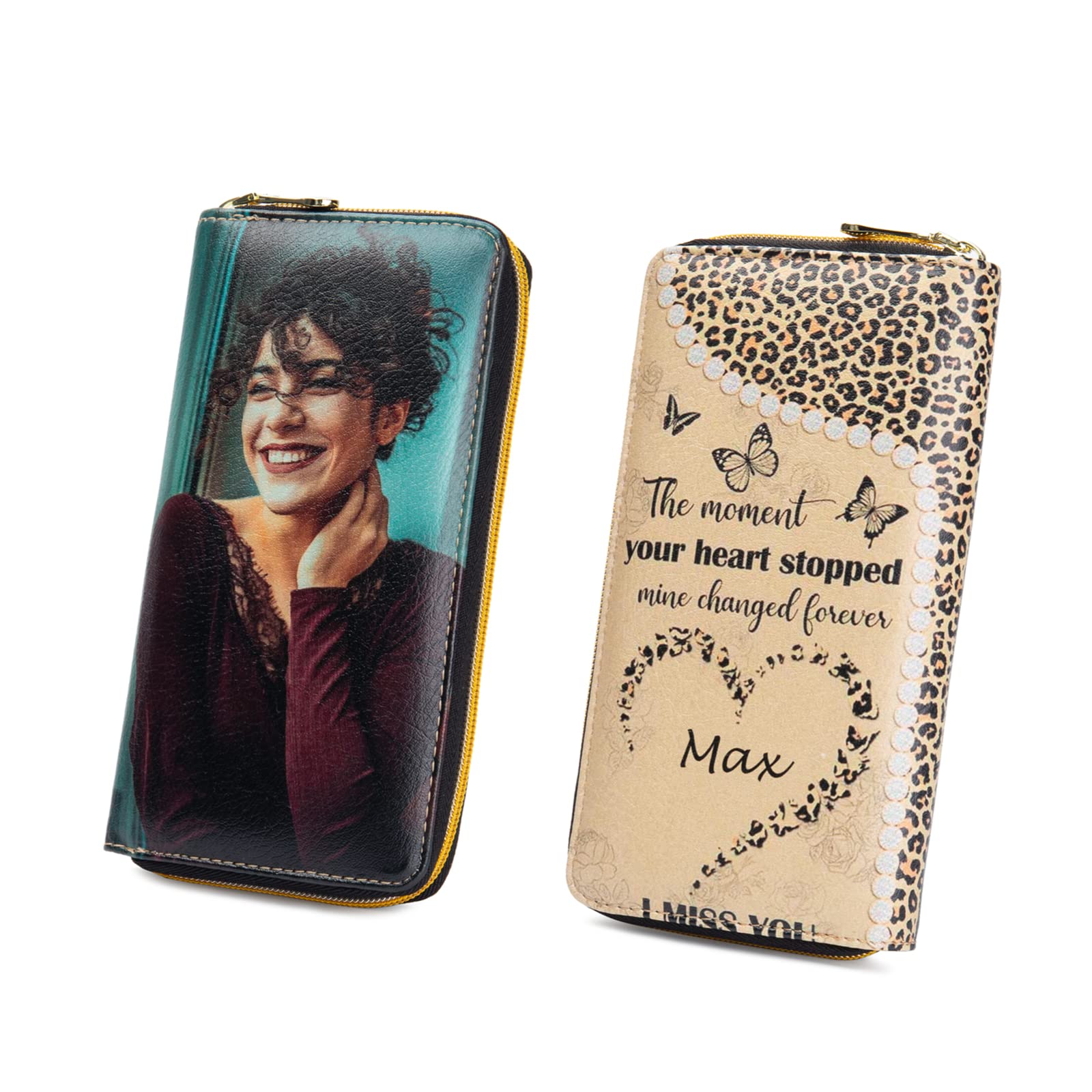 Luxladis Personalized Custom Photo Zipper Wallet for Women Girlfriend Sunflower Wallet with Engraved Your Name Long Leather RFID Wallet (butterfly