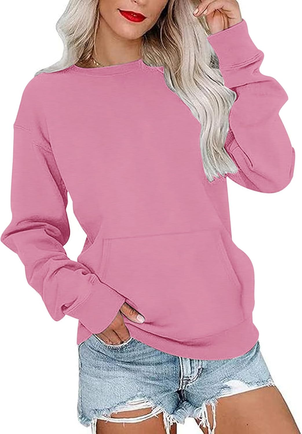 MISFAY Womens Oversized Sweatshirt Casual Long Sleeve Crewneck Hoodie Solid Pullover Lightweight Loose Tops with Pocket