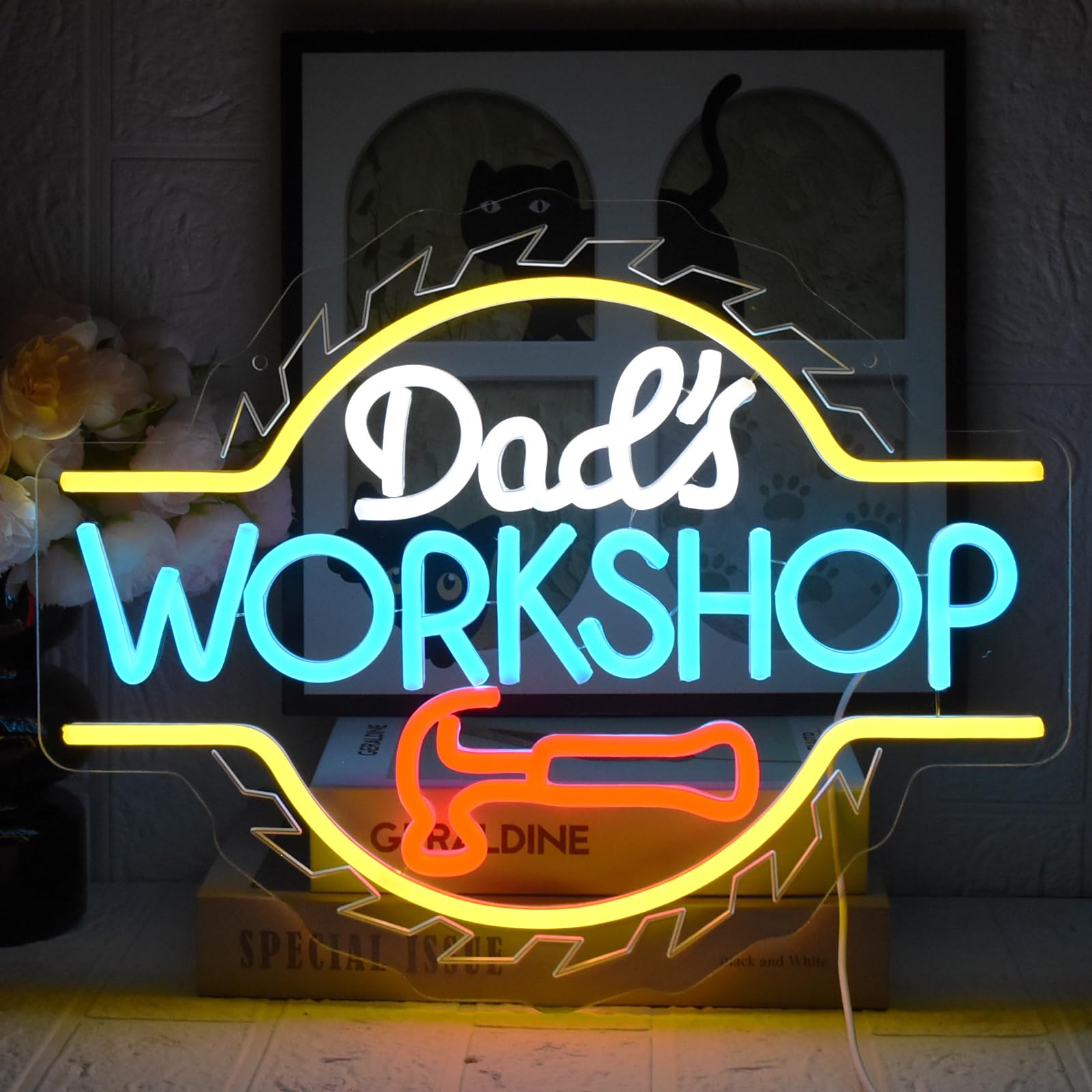 ‎UExnkj-Y Dad's Workshop Neon Sign Engine Neon Lights Check Engine LED Light Advertising Wall for Dads Garage Man Cave Car Workshop Workshop Bar Pub Home Decoration