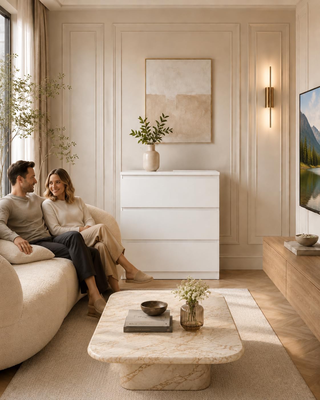 Kommode mit Schubladen, Nachttisch Weiß 60 x 40 x 70 cm, Beistelltisch Klein, Schubladenschrank für Schlafzimmer, Wohnzimmer Kommode, Flur Kommode, Kleiner Schrank