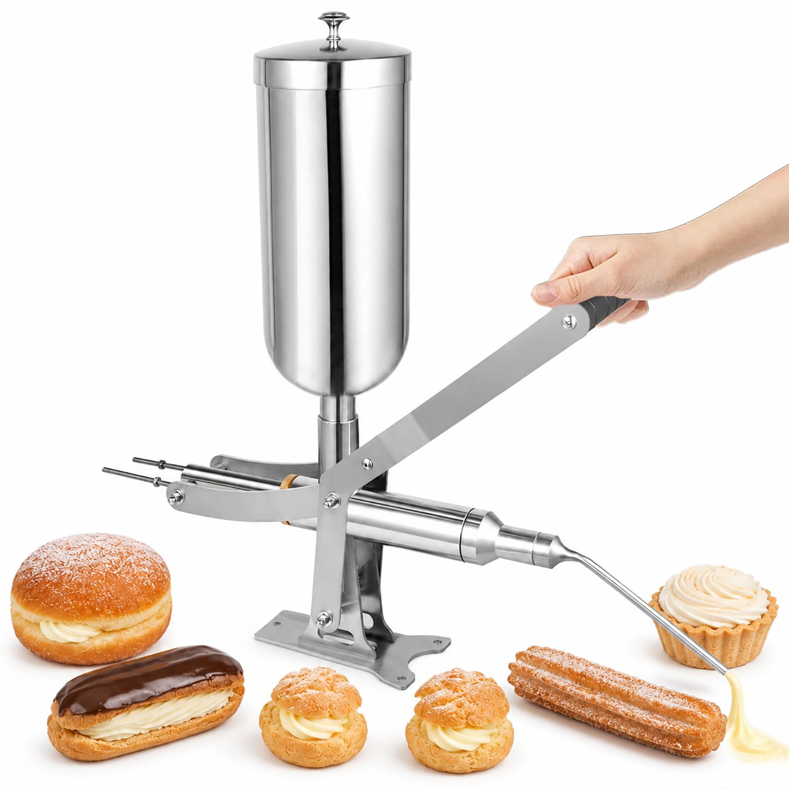 HCAUYNN 5L Manual Cream Filler Machine, Stainless Steel Churro Filling Machine for Donuts Eclairs Pastry, Bakery Dessert Injector with Bent & Straight Nozzles BentTip