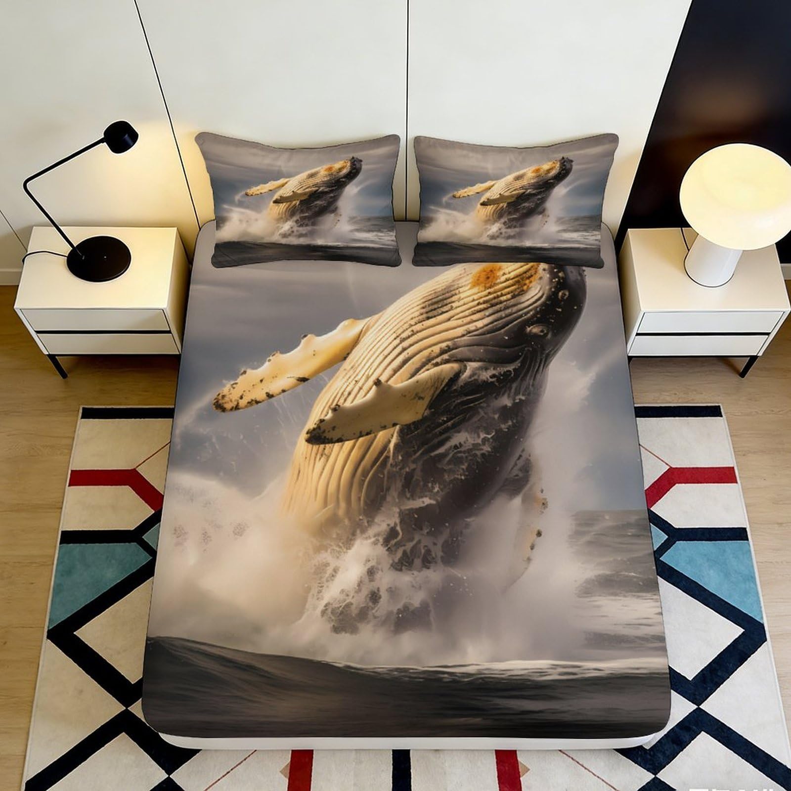 3D Printed Whale Ocean Fitted Sheet Microfiber Durable Soft 3D Printed Sea Life Mattress Cover for Bedroom Dormitory Guest Room Decor 120x200x25cm