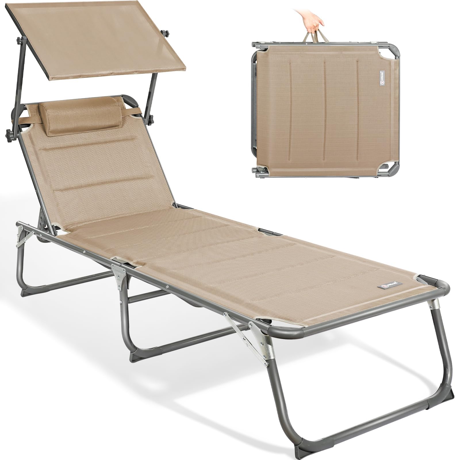 Homecall 30040 XXL Aluminium Sun Lounger with Sun Roof Three-Legged Beach bed 200x70 cm Maximum Load 150 kg, Beige textilene, Quick Dry Foam