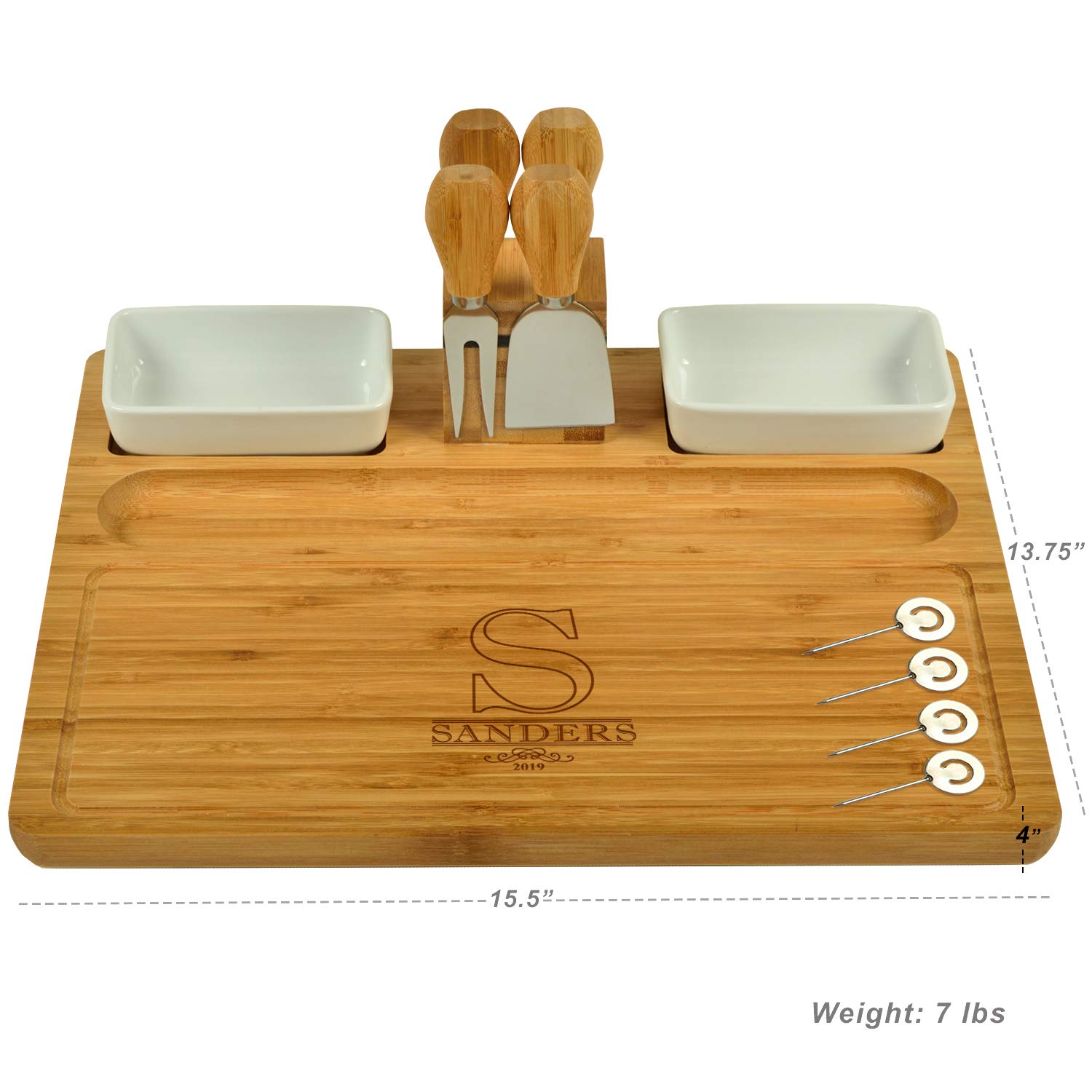 Custom Personalized Engraved Bamboo Cheese/Charcuterie Cutting Board with Ceramic Bowls, Cheese Tools & Cheese Markers-Designed & Quality Checked in USA